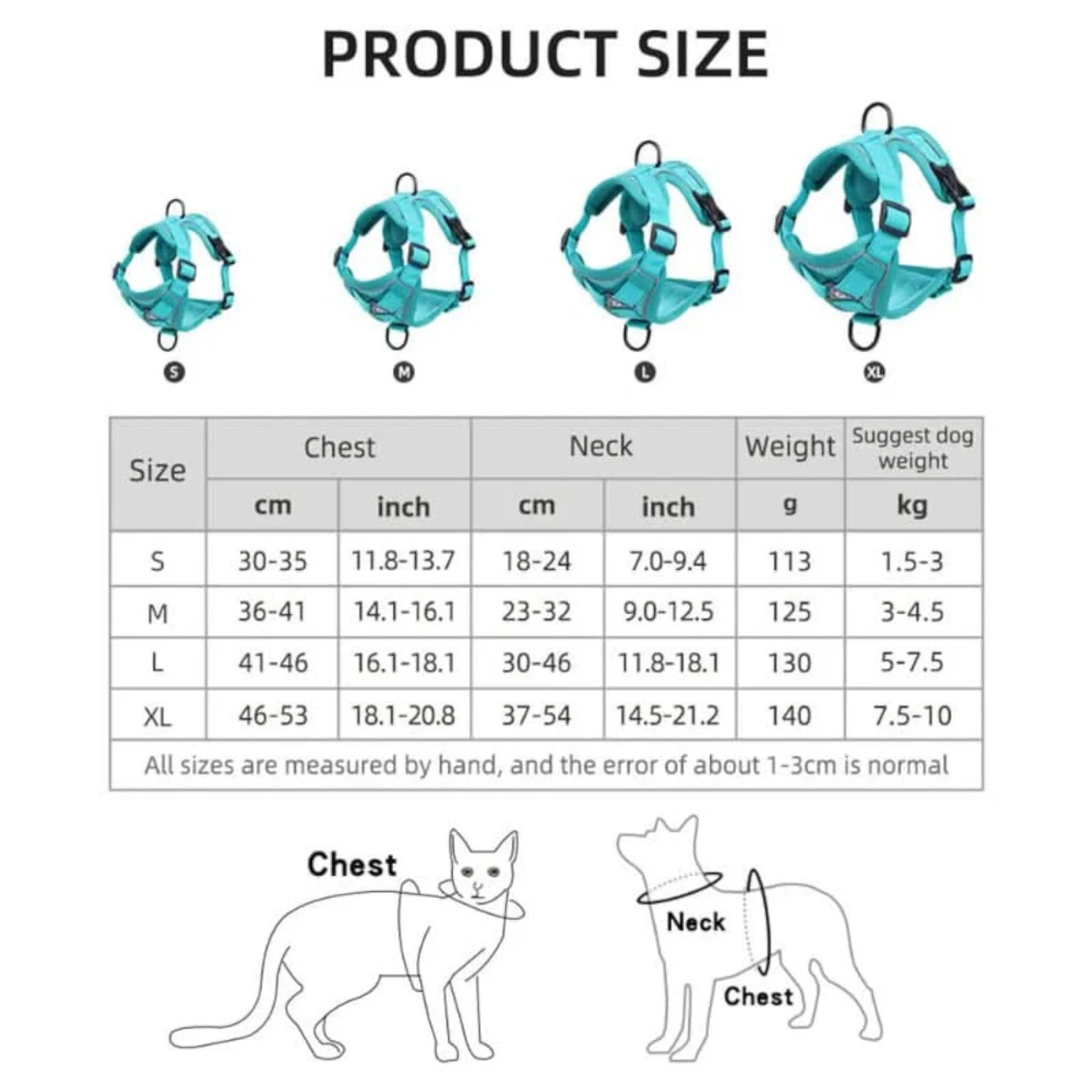 Pechera con correa Tabla de tallas con imágenes de referencia para medir correctamente a gatos y perros y elegir la talla ideal.