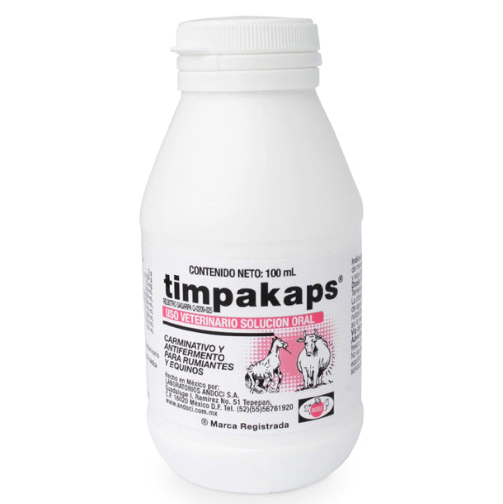Timpakaps Imagen del frasco de Timpakamps de 100 ml, suplemento oral para aliviar cólicos, meteorismo y mejorar la digestión en bovinos, caballos, ovejas y cabras.