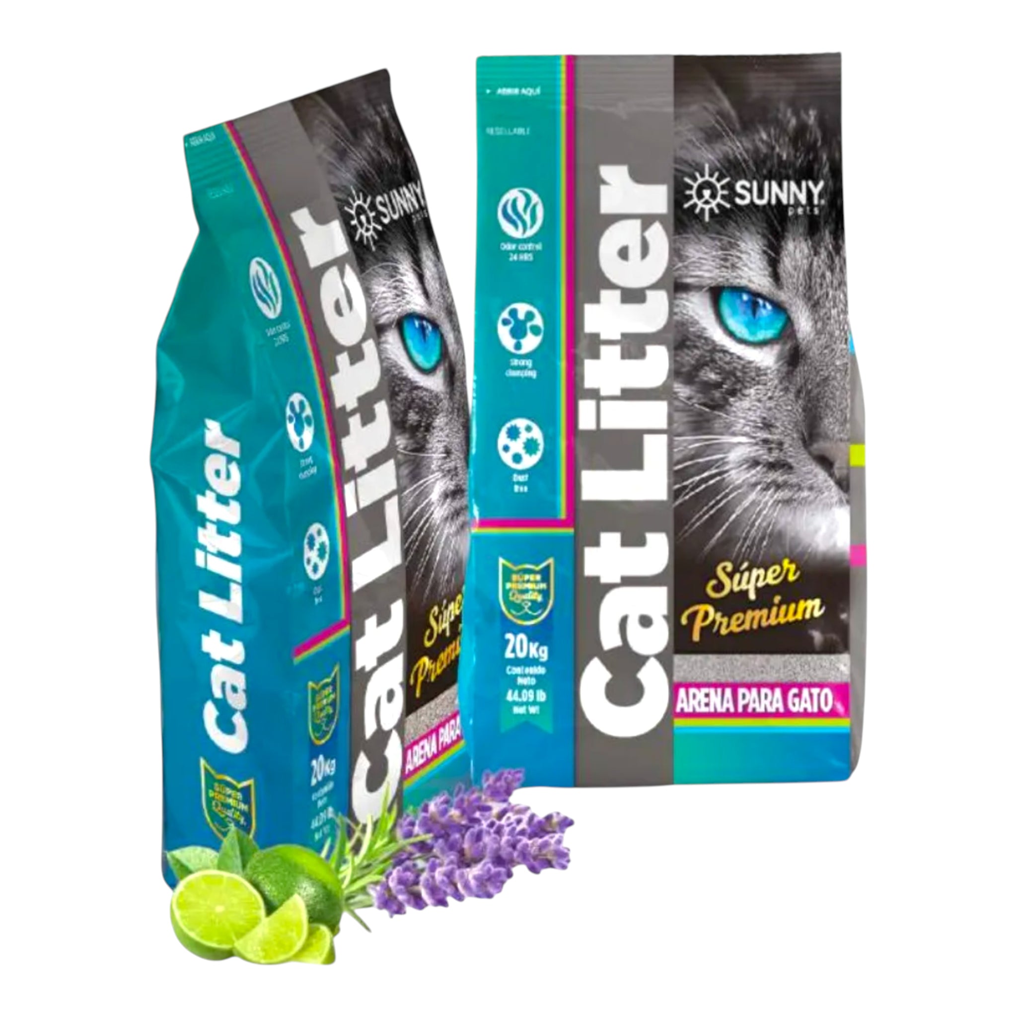 Arena Sunny aroma lavanda bolsas de arena para gato Sunny Súper Premium aroma lavanda, aglutinante y libre de polvo con control de oloreS