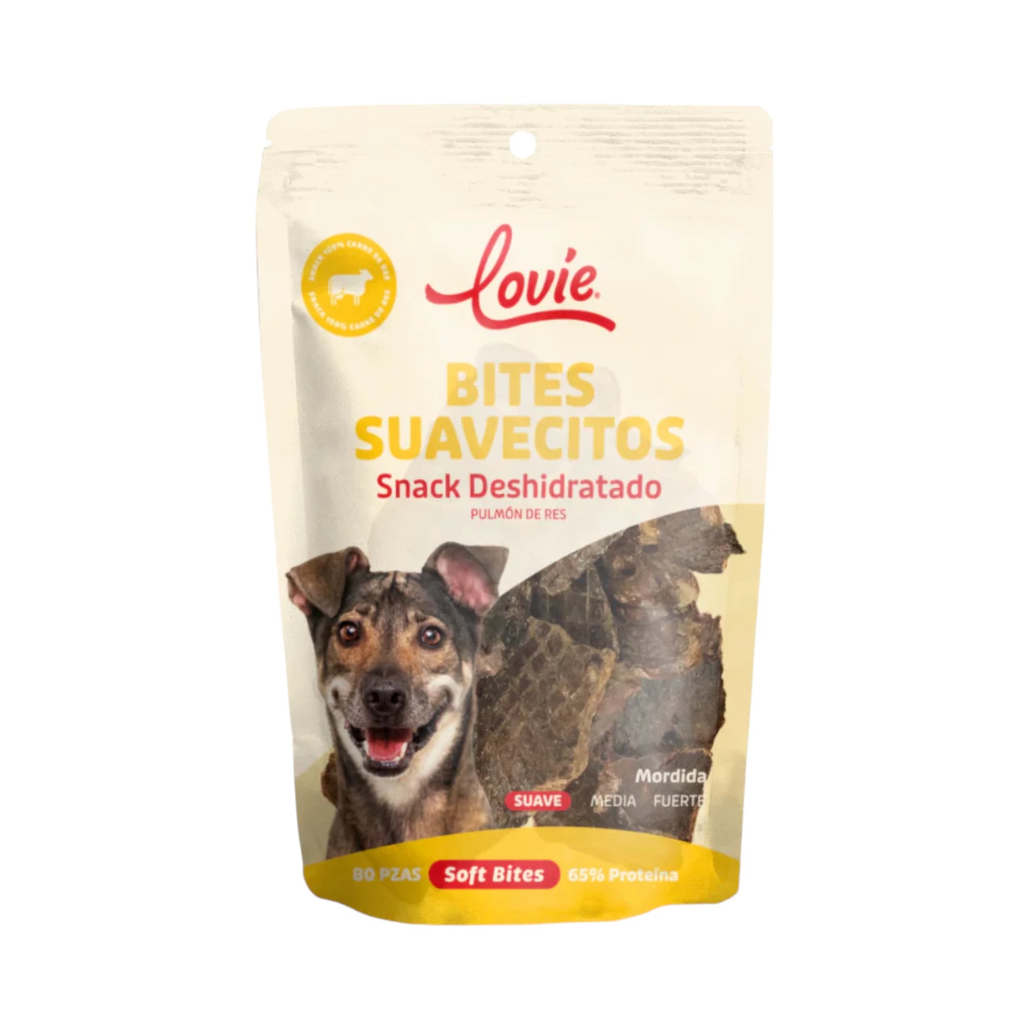 Bites suavecitos Imagen del empaque de Bites Suavecitos Lovie, snack deshidratado de pulmón de res para perros con mordida suave.