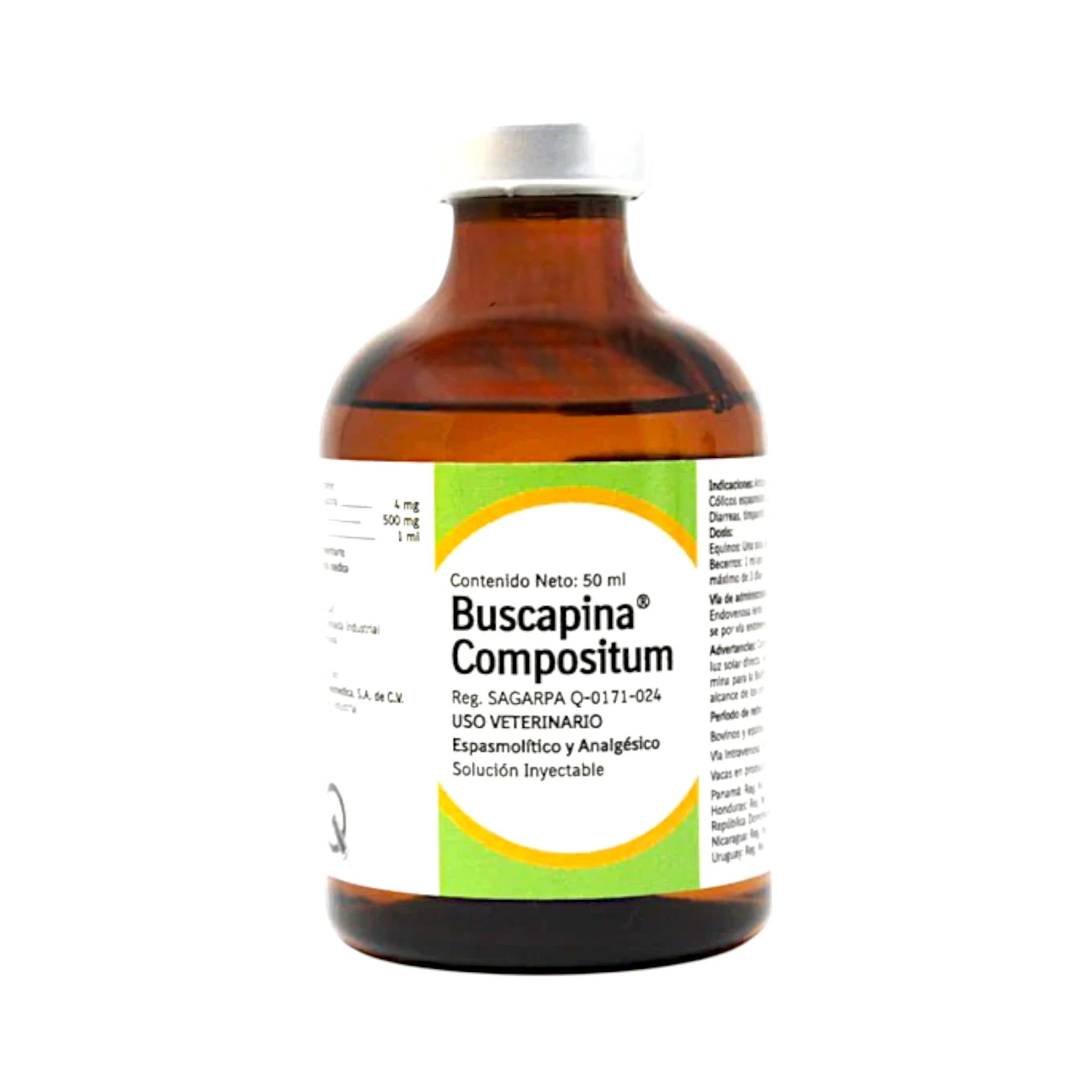 Buscapina compositum Botella de Buscapina Compositor Inyectable para uso veterinario en perros, caballos, bovinos, cerdos y caprinos, antiespasmódico y analgésico de aplicación intramuscular.