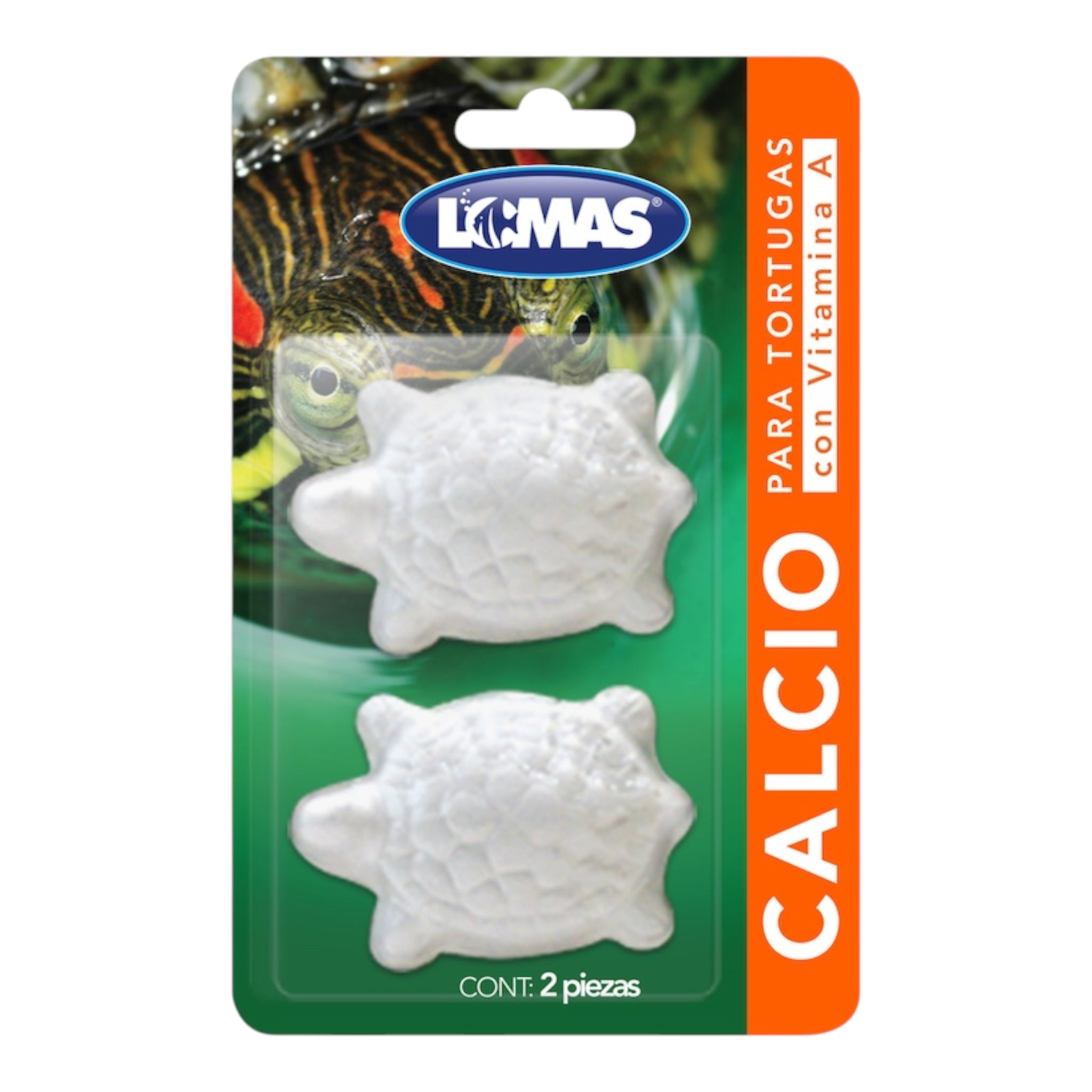 Calcio para tortugas con vitamina A empaque de calcio con vitamina A marca Lomas para tortugas, presentación con dos piezas