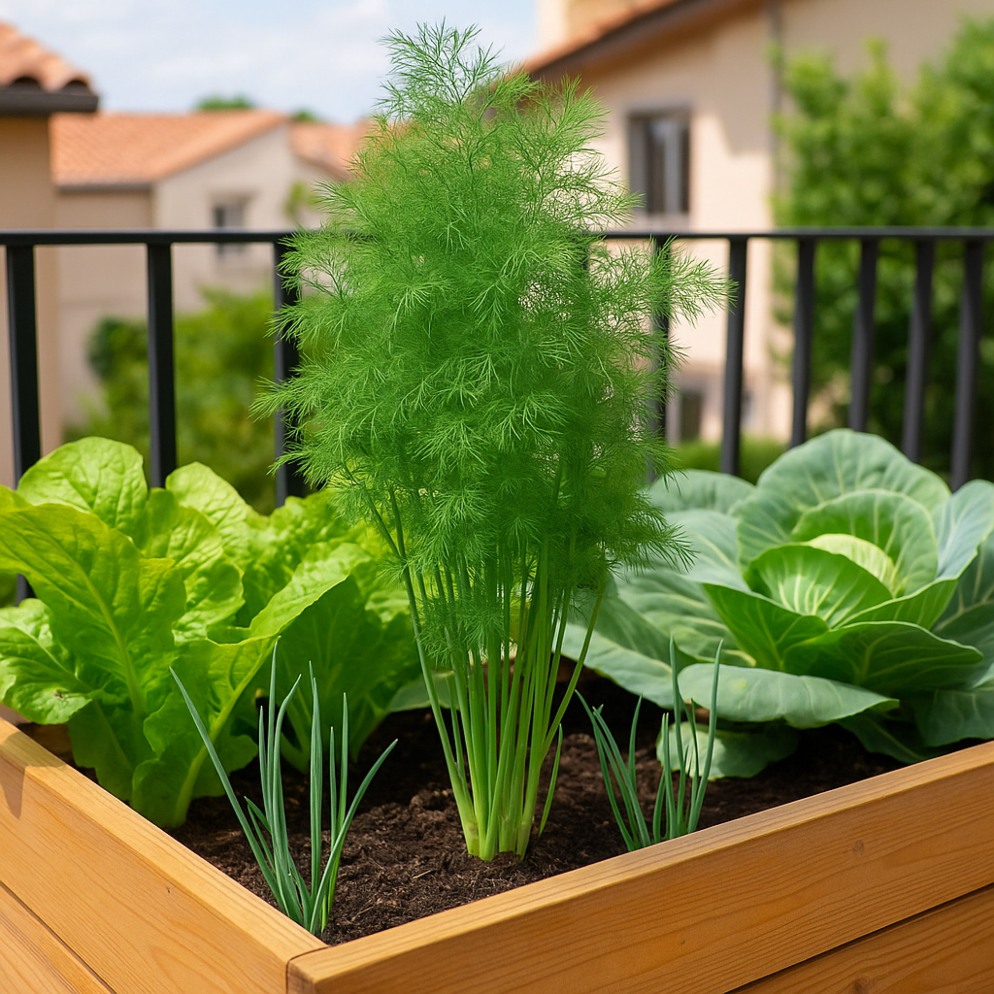 Semillas de Eneldo Caja de cultivo en una terraza con plantas de eneldo, lechuga, cebolla y repollo creciendo bajo luz natural, ideal para huertos caseros en casa.