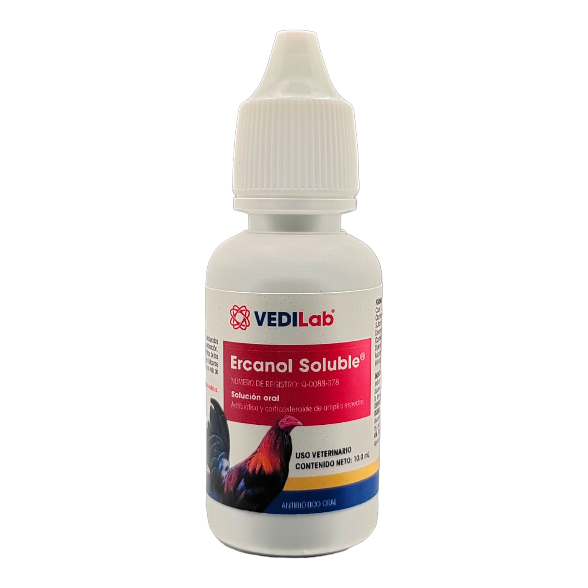 Ercanol Soluble Frasco de 10 mL de Ercanol Soluble para aves, antibiótico y antiinflamatorio oral que combate infecciones respiratorias, digestivas y urinarias.