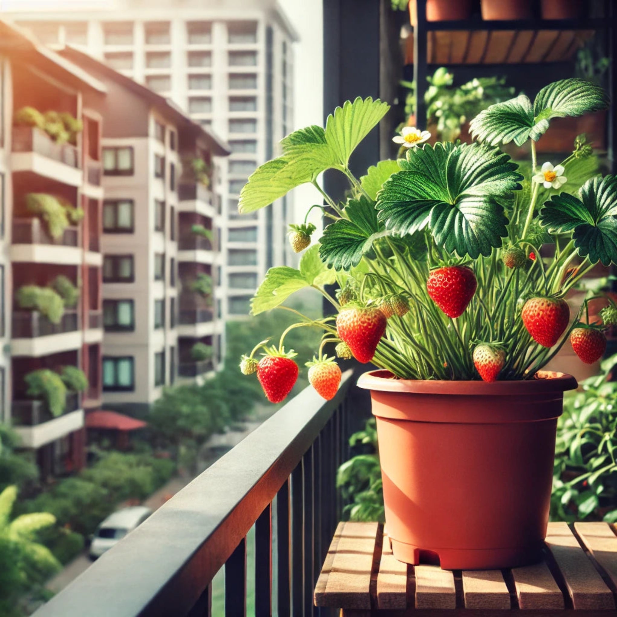 Semillas de Fresa Planta de fresas creciendo en una maceta sobre el balcón de un departamento con luz natural