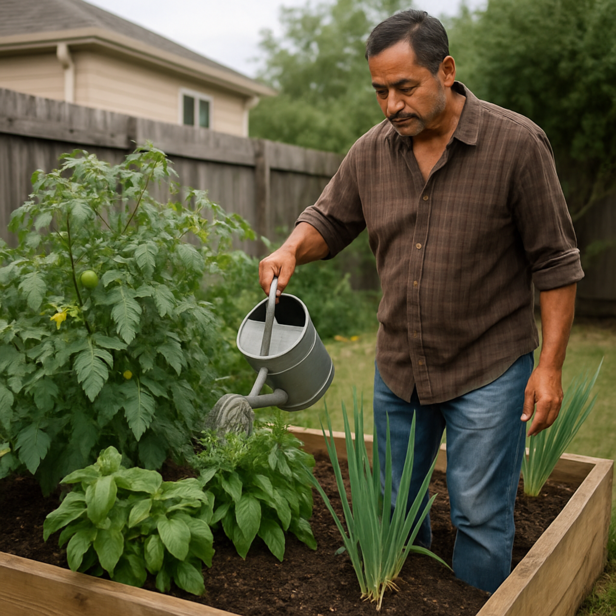 Semillas de Chile Habanero Manzano Huerto casero de traspatio con caja de cultivo donde crecen jitomate, albahaca y cebolla, mientras un hombre mayor riega las plantas con regadera.