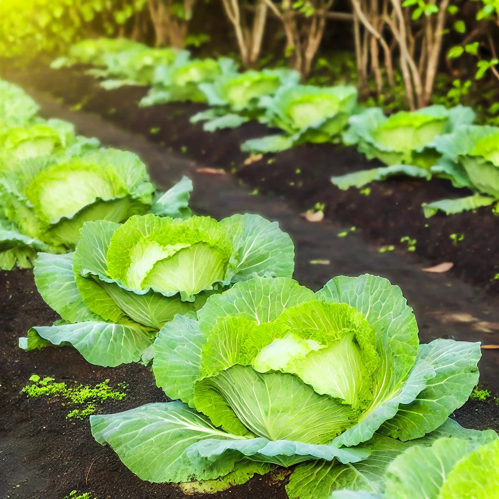 Semillas de Col Verde (repollo) Plantas jóvenes de repollo verde creciendo en un huerto de traspatio, listas para su cosecha