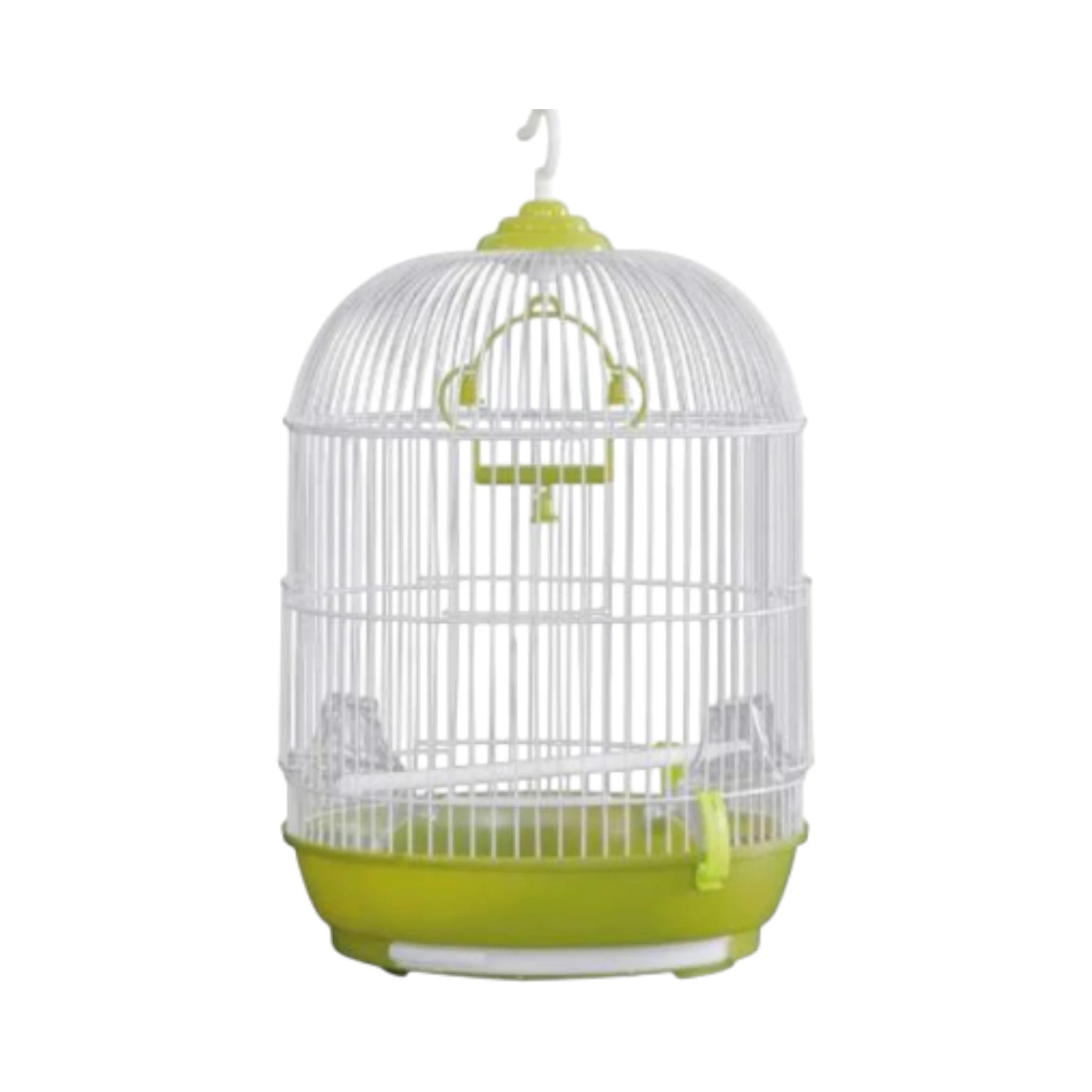 Jaula Avy box Monte Verde Jaula Avy Box redonda para aves pequeñas, color blanco con base verde, incluye comederos, columpio, perchas y asa superior para colgar.