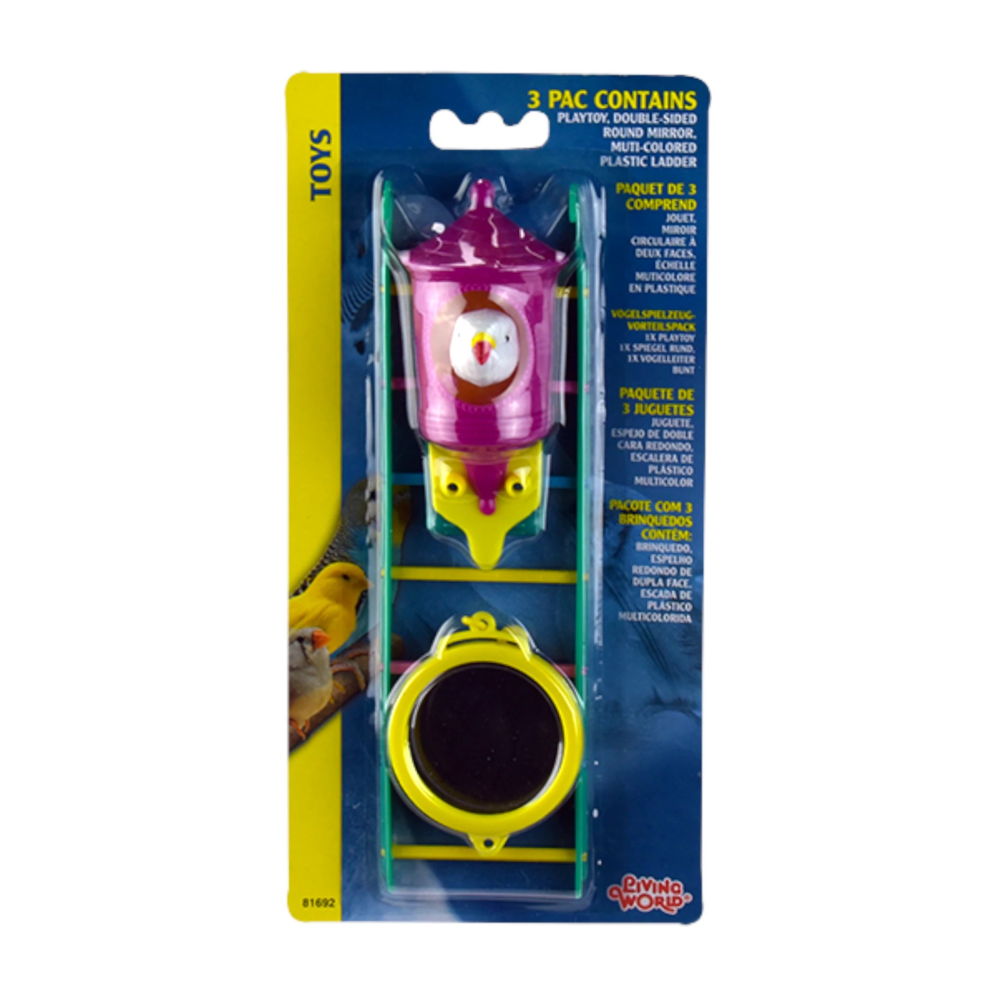 Juguete tripe con espejo Paquete de juguete triple para aves con espejo doble cara y escalera multicolor, ideal para entretenimiento y estimulación.