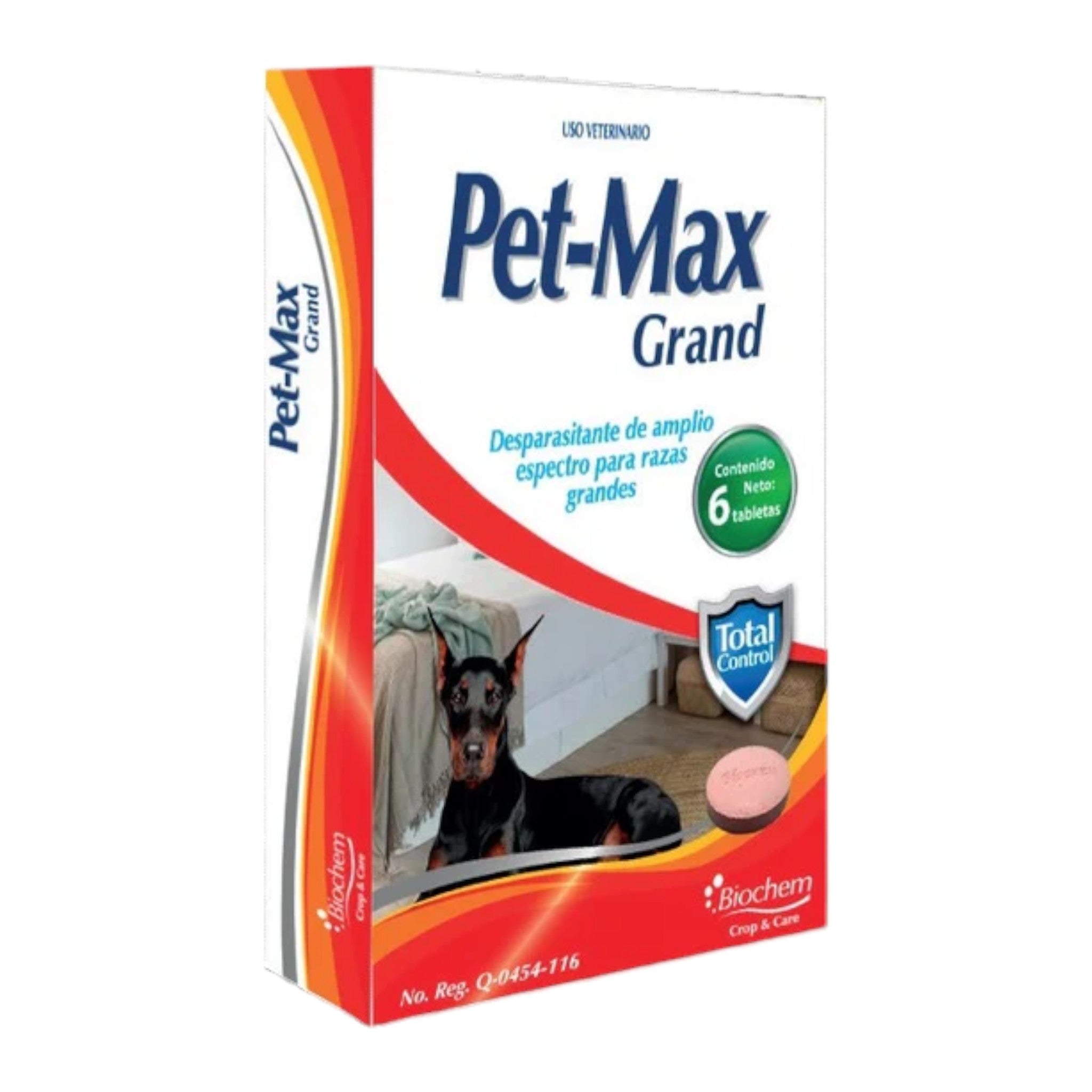 Pet-Max grand desparasitante Imagen del producto Pet Max Grand, desparasitante oral para perros grandes con ivermectina, albendazol y prazicuantel, blister con 6 tabletas.