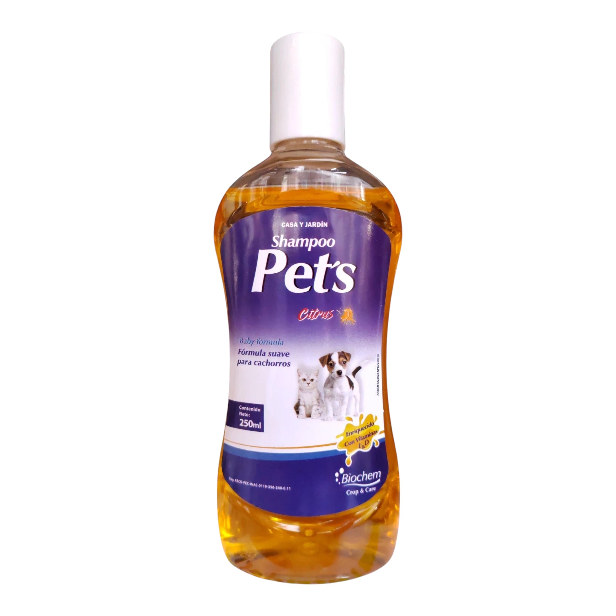 Shampoo Pets citrus Envase del Shampoo Pets Citrus para cachorros con deltametrina, ideal para eliminar pulgas y cuidar su piel