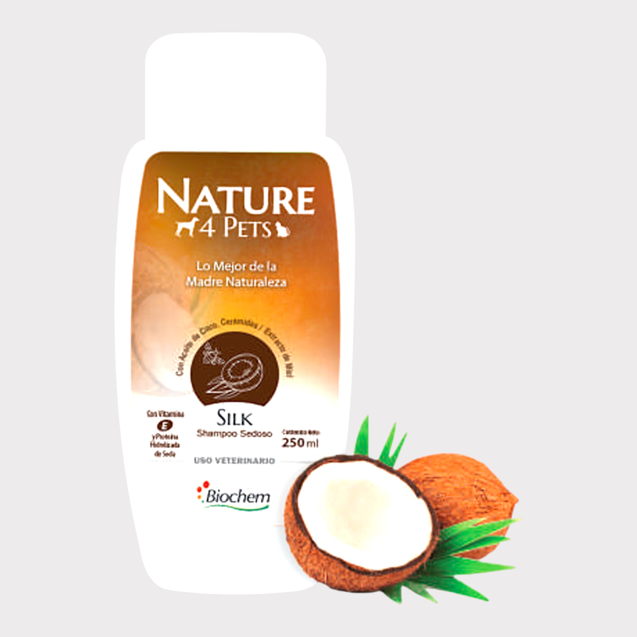 Shampoo Silk con aceite de coco Shampoo Silk con aceite de coco y miel Biochem, con ceramidas y proteína de seda, color lila aperlado, ideal para perros y gatos de pelo largo