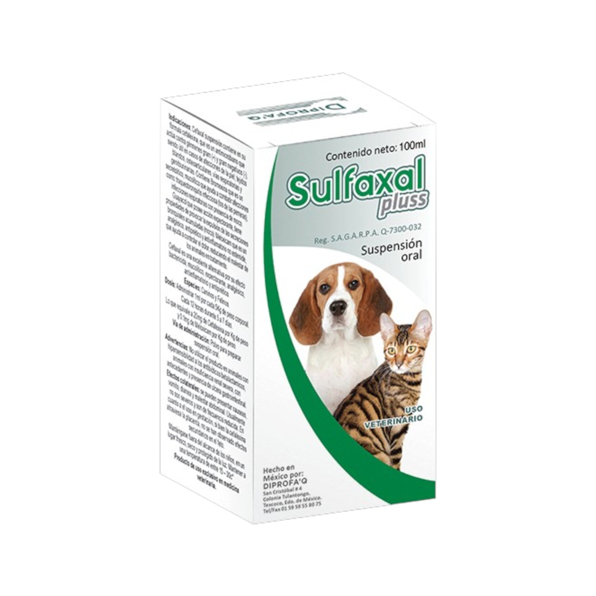 Sulfaxal Suspensión oral Caja de Sulfaxal Pluss 60mL para perros y gatos, tratamiento oral antidiarreico y antimicrobiano.