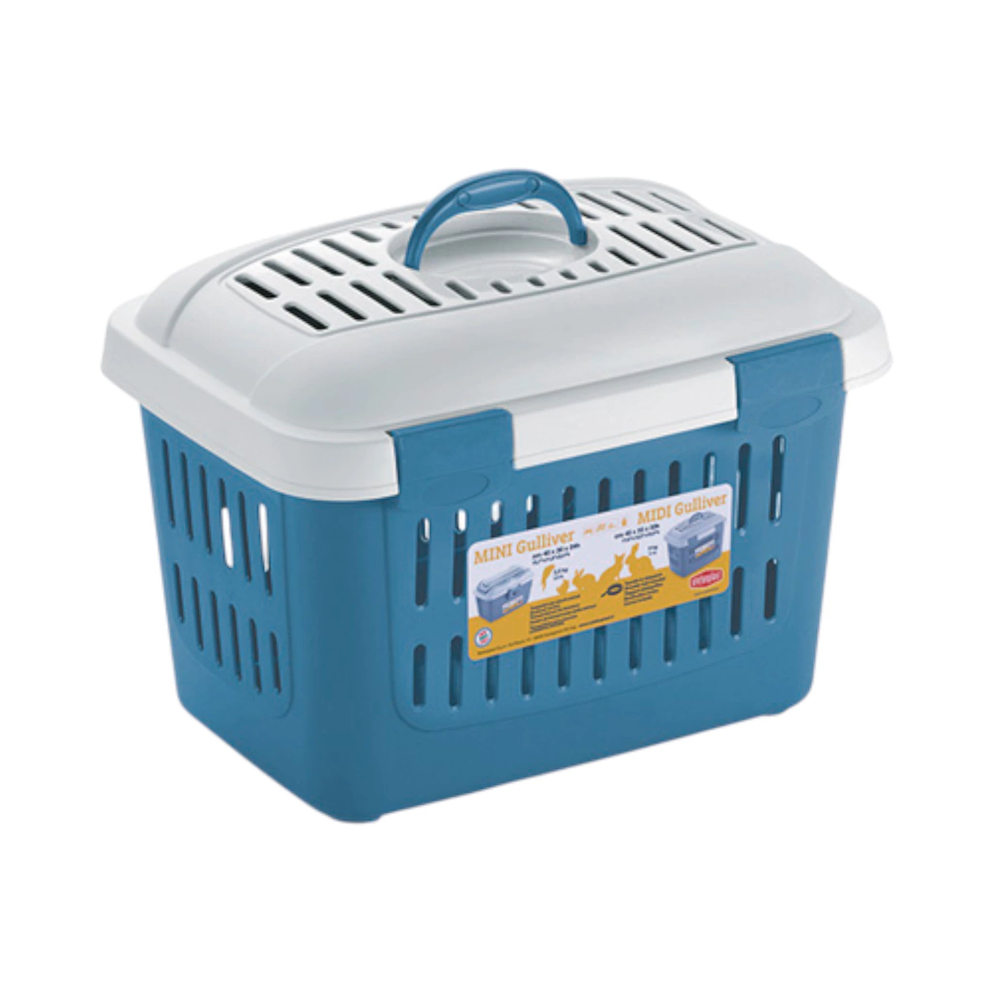 Transportadora MIDI Gulliver Transportadora MIDI Gulliver azul con tapa blanca y asa superior, ventilada y segura para aves, roedores y gatos pequeños.