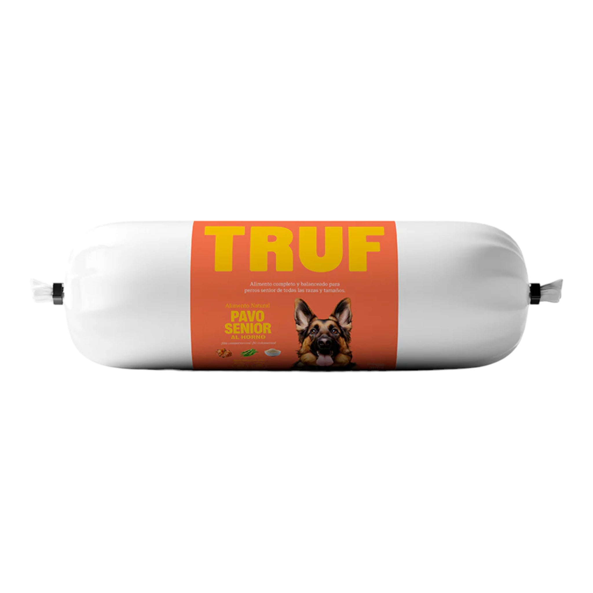 Alimento horneado de pavo para perros senior TRUF Empaque del alimento horneado de pavo TRUF para perros senior 500g con textura tipo picadillo