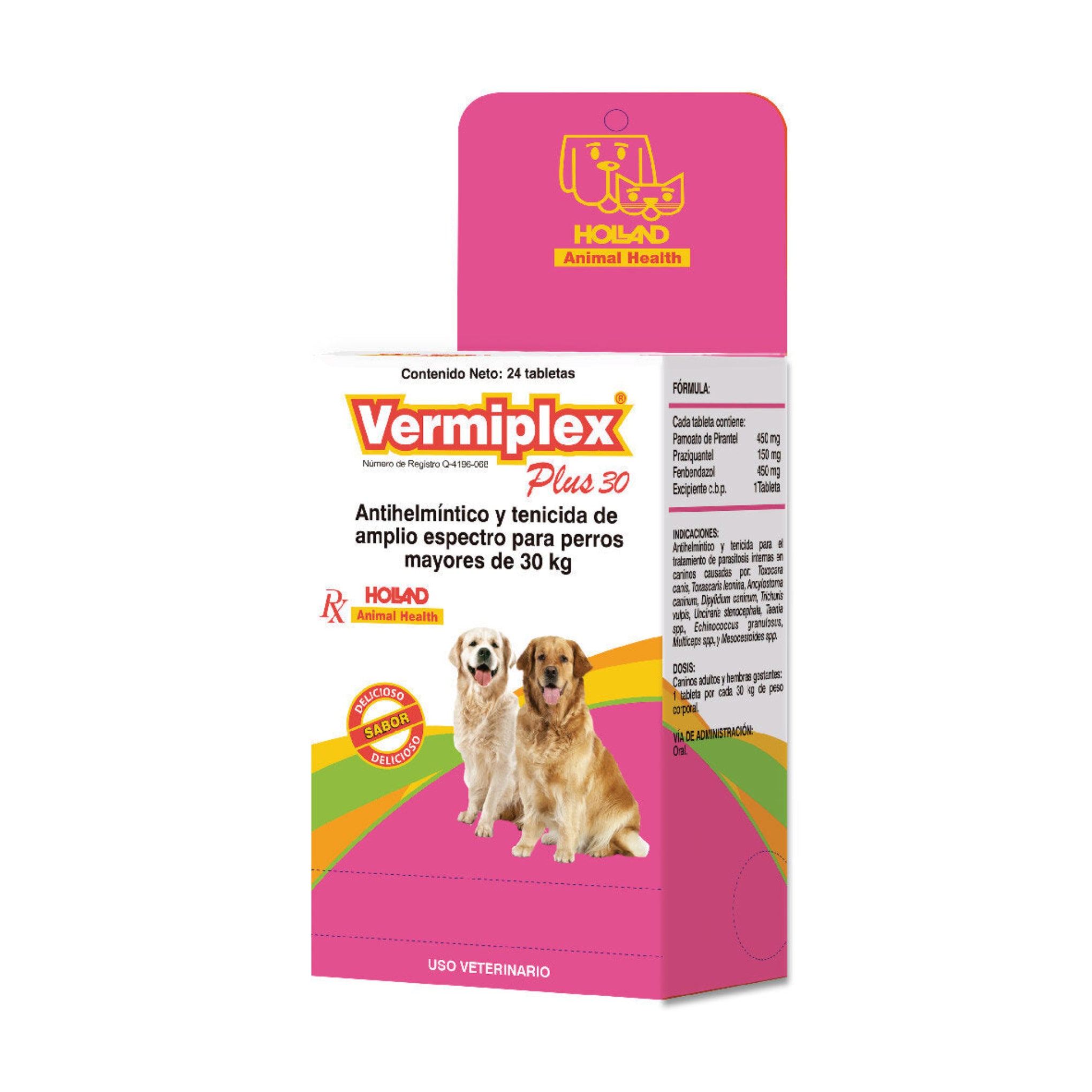 Vermiplex Plus 30 pastilla desparasitante para perros grandes Caja de Vermiplex Plus 30 para perros, antiparasitario oral con fenbendazol, praziquantel y pirantel, 30 tabletas