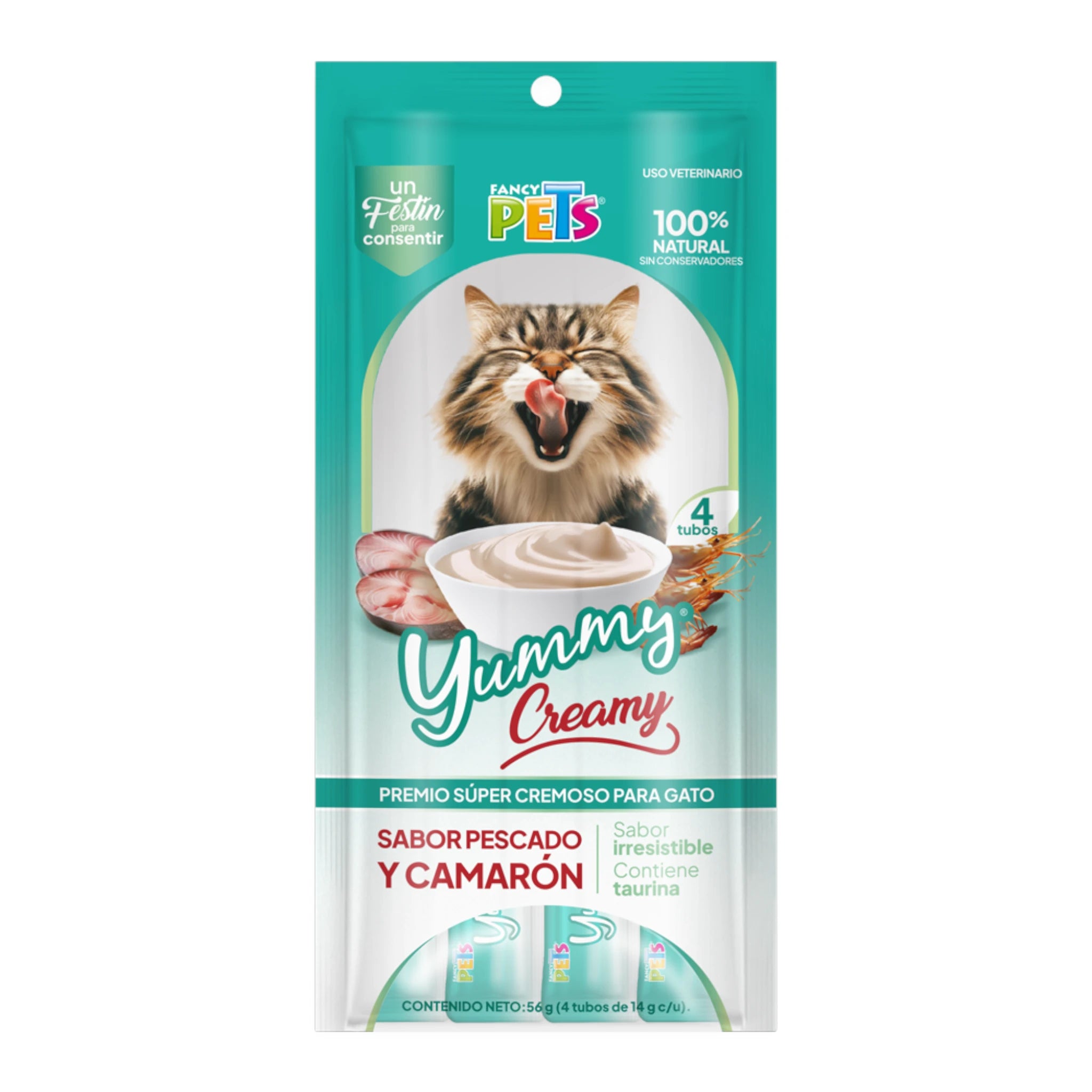 Yummi creamy, premio cremoso sabor pescado y camarón Sobre de Yummi Creamy sabor pescado y camarón para gatos, incluye 4 tubos cremosos de 14g
