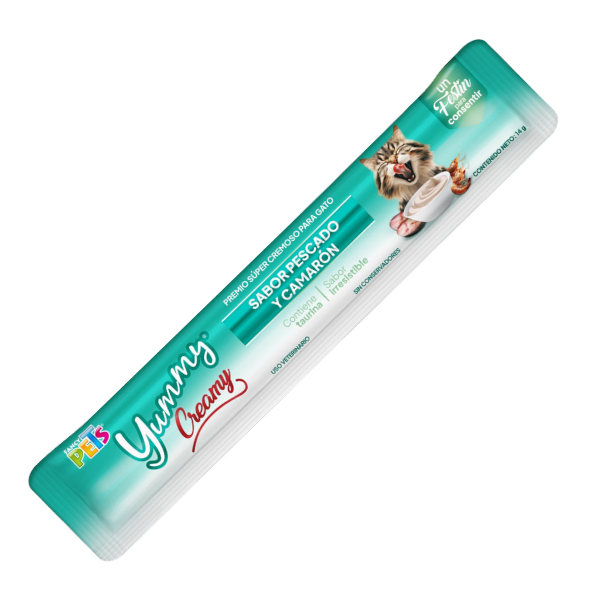 Yummi creamy, premio cremoso sabor pescado y camarón Tubo individual del snack cremoso Yummi Creamy para gatos sabor pescado y camarón