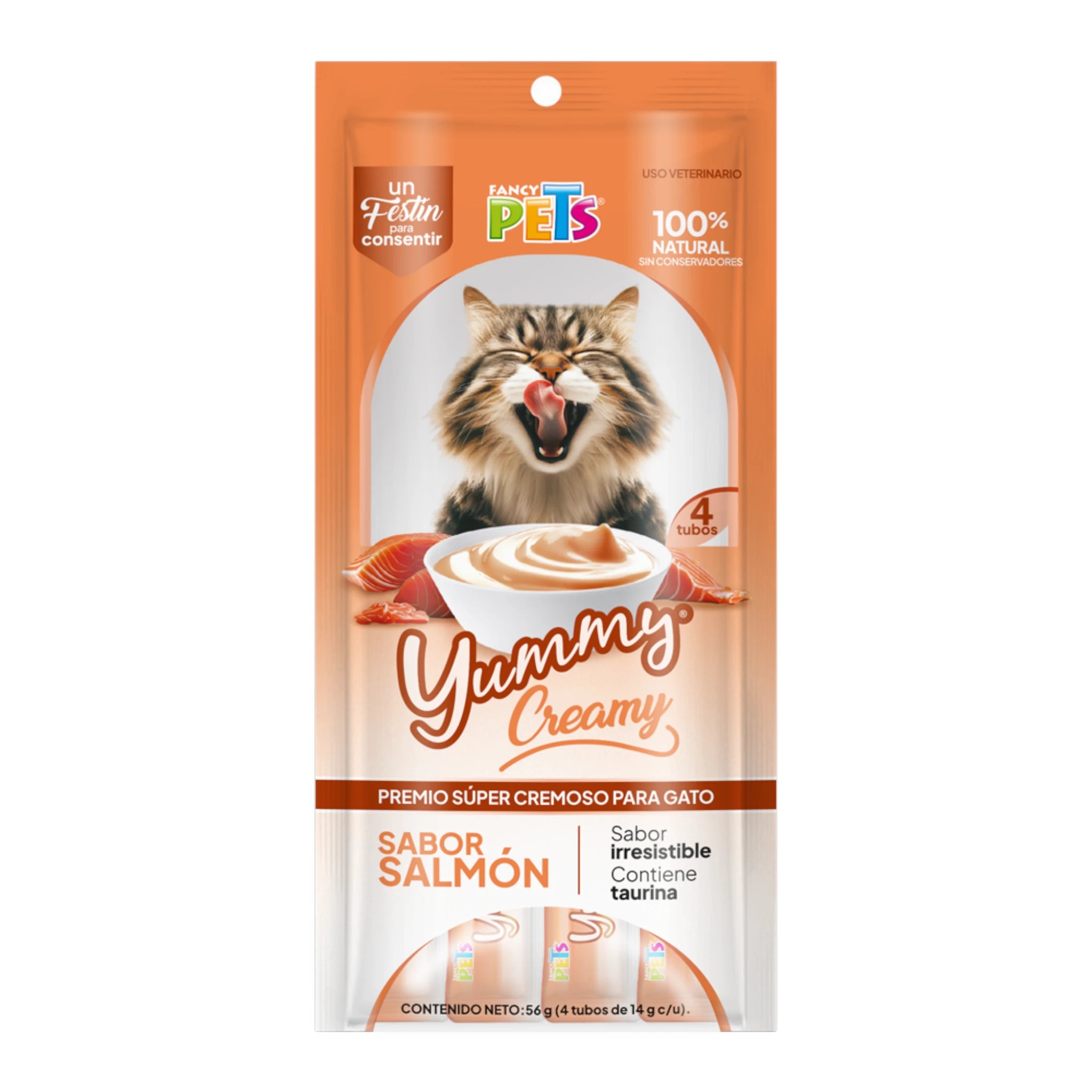 Yummi creamy, premio cremoso sabor salmón Sobre de premio Yummi Creamy sabor salmón para gatos, con 4 tubos de 14g