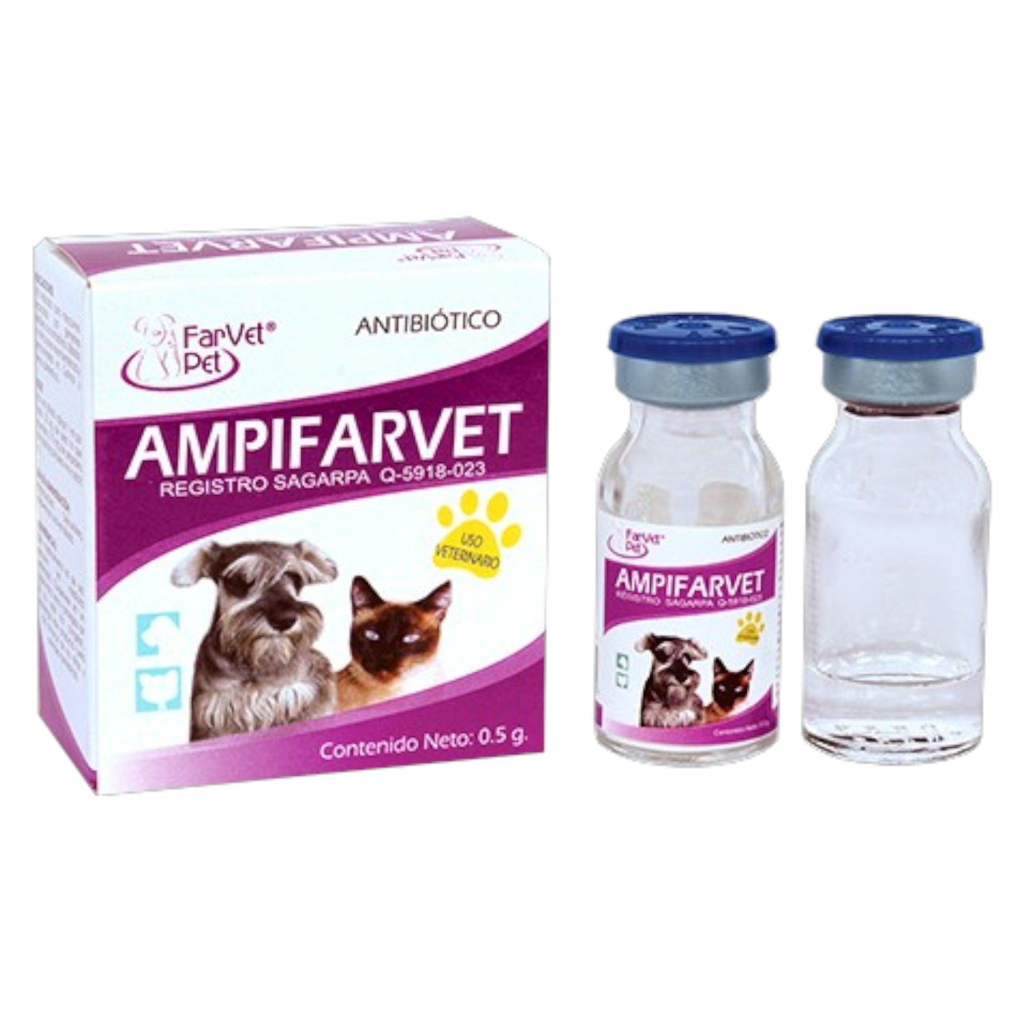 Frasco y caja de AMPIFARVET, antibiótico veterinario con ampicilina para perros y gatos, indicado para infecciones respiratorias y urinarias.