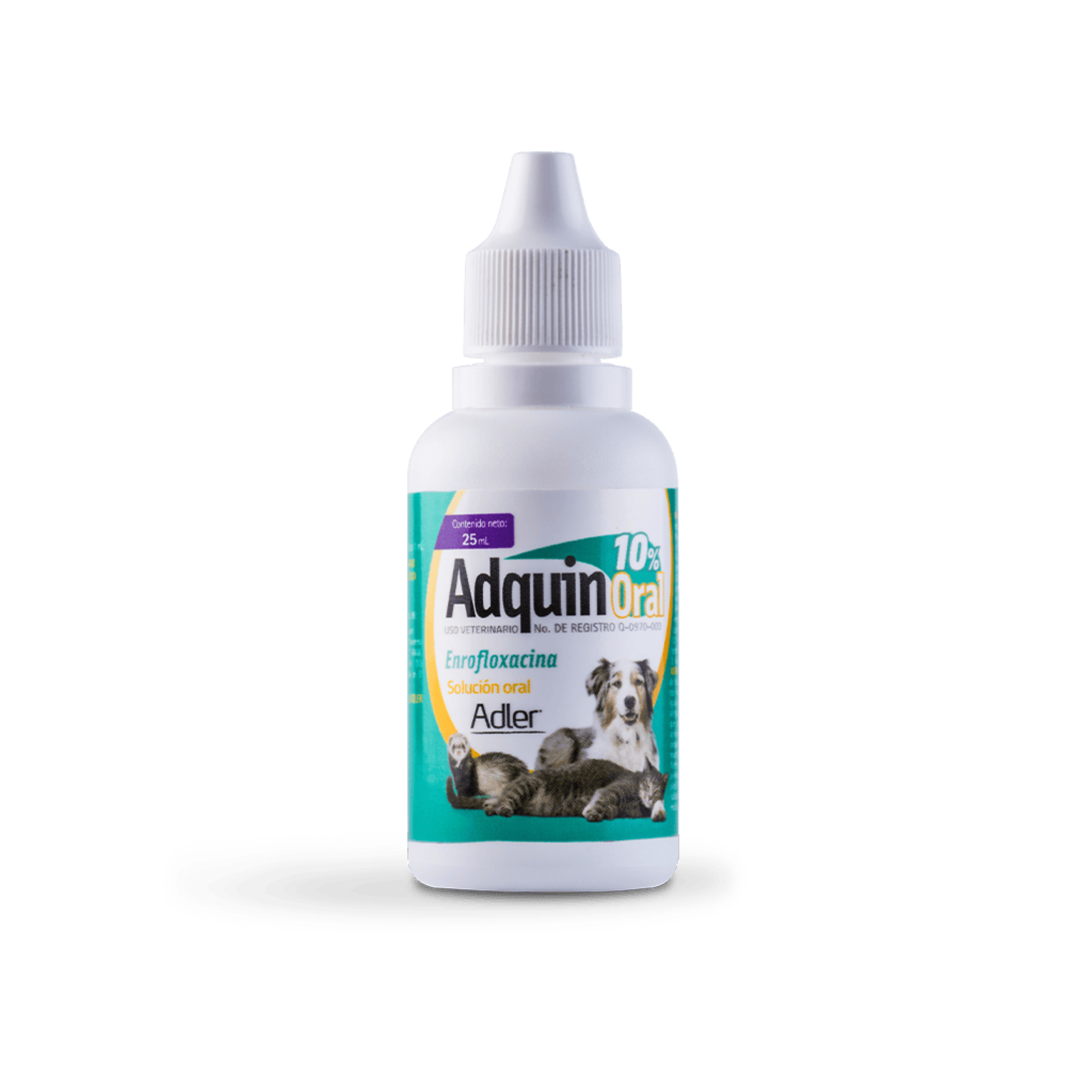 Envase de Adquin Oral 10%, presentacion mascotas; solución antibiótica de enrofloxacina para perros, gatos y aves