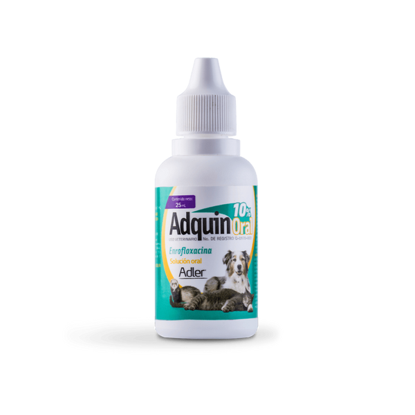 Envase de Adquin Oral 10%, presentacion mascotas; solución antibiótica de enrofloxacina para perros, gatos y aves