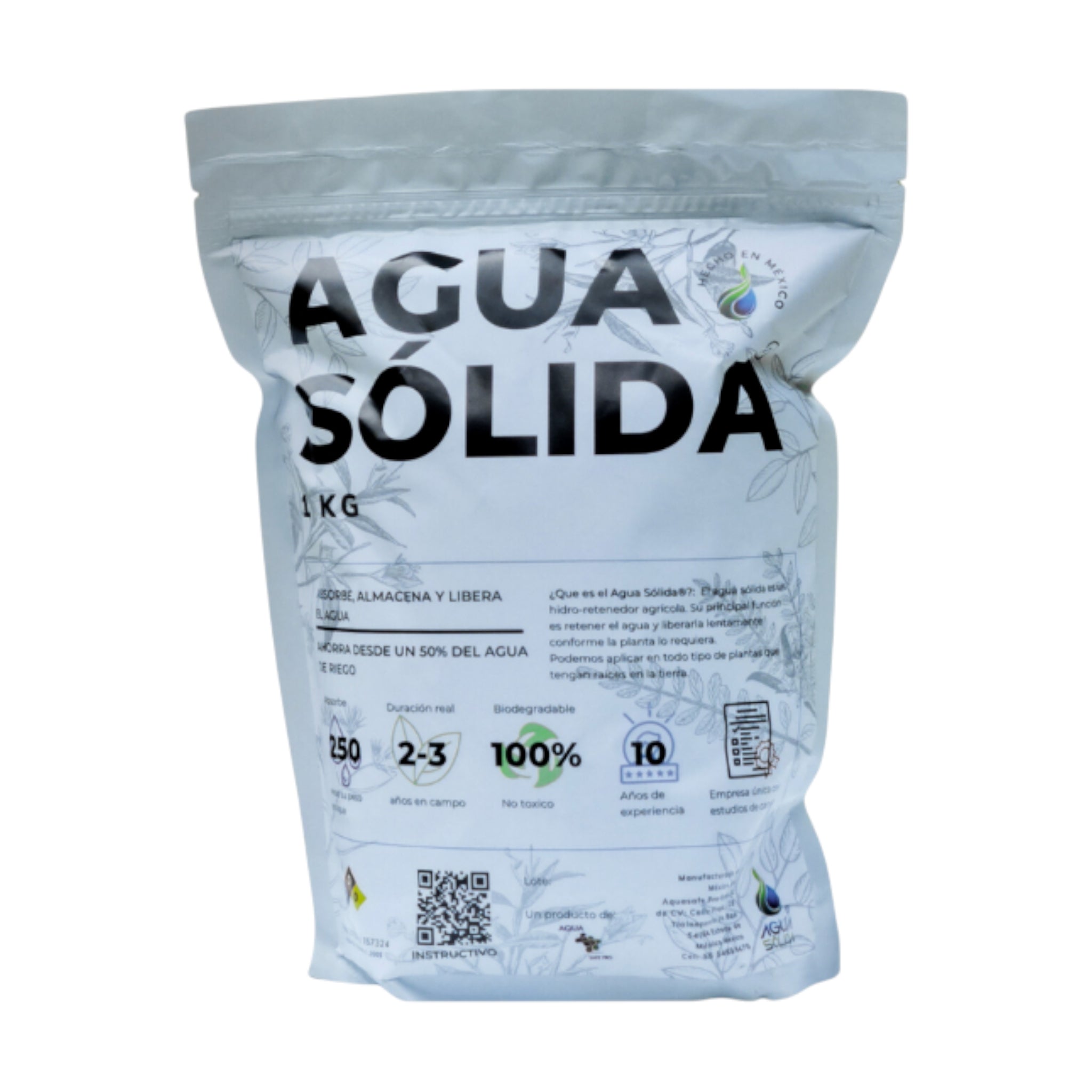 Bolsa de Agua Sólida hidroretenedor orgánico biodegradable que conserva la humedad y reduce el uso de agua en huertos, jardines y cultivos.