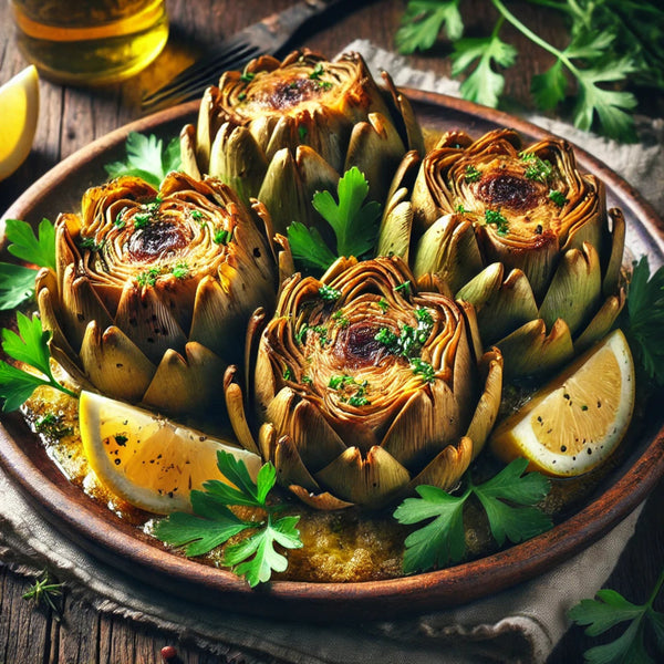 Plato con cuatro alcachofas asadas al horno acompañadas de limones partidos, ideal para mostrar una forma deliciosa de preparar alcachofas caseras.