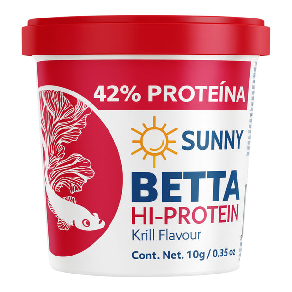 Envase rojo de alimento Sunny Betta Hi-Protein con 42% de proteína, ideal para peces betta y peces laberinto