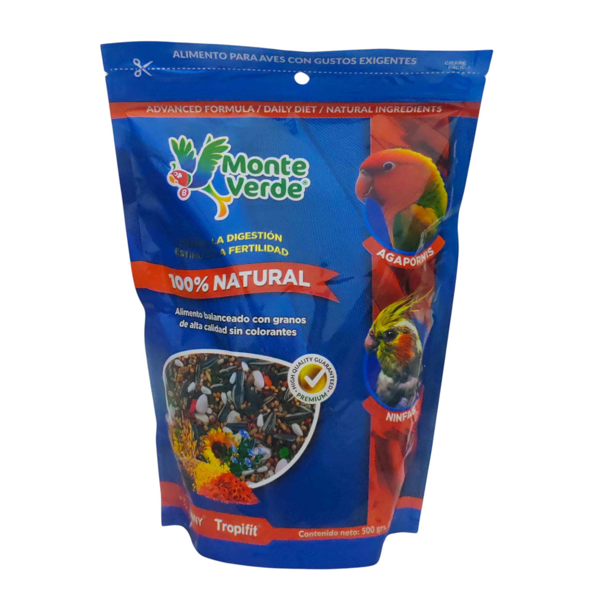 Bolsa de alimento Monteverde 500g para agapornis y ninfas con mezcla de semillas naturales