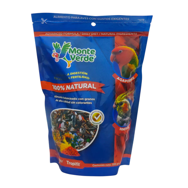 Bolsa de alimento Monteverde 500g para agapornis y ninfas con mezcla de semillas naturales