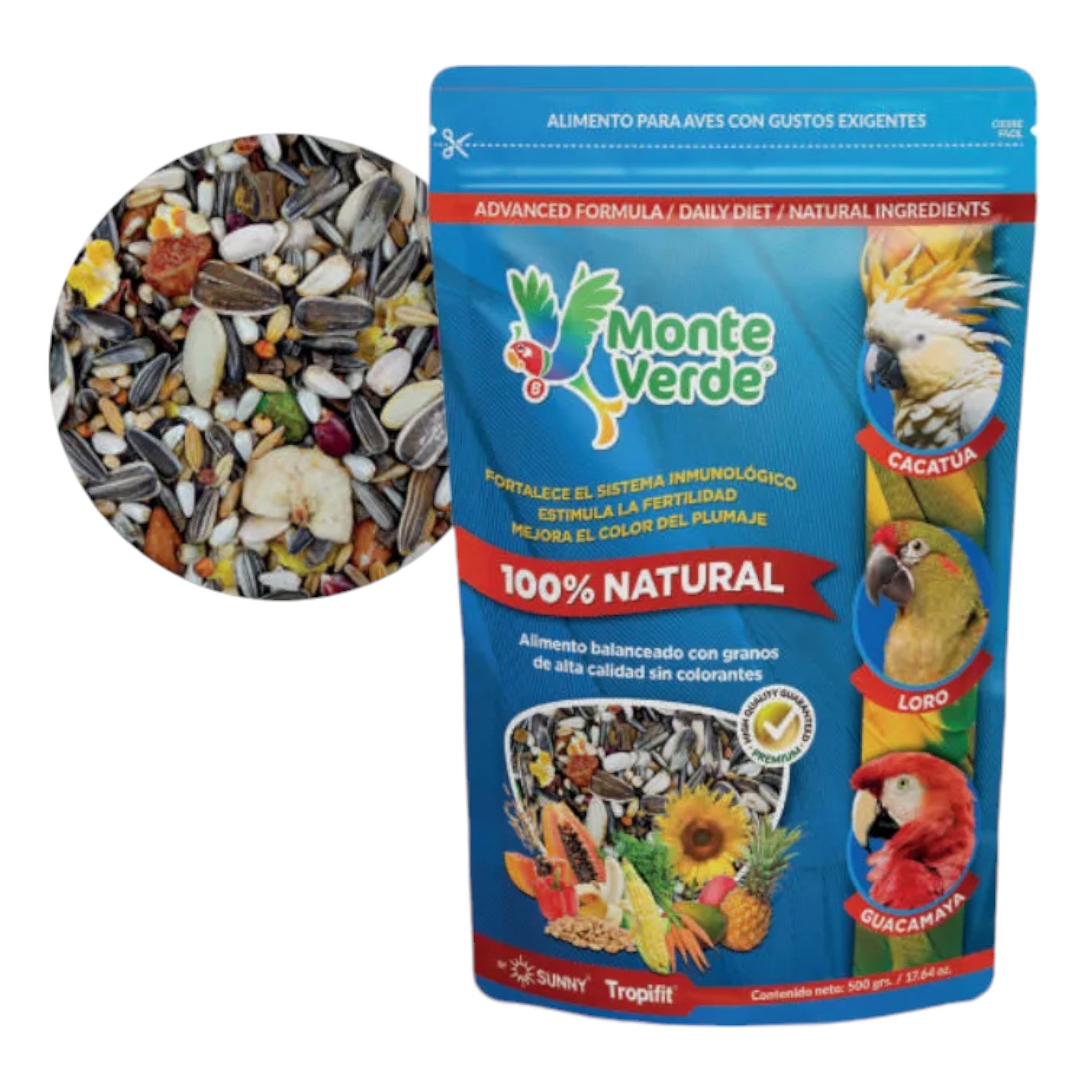 Bolsa de 500g de alimento Monteverde para loros, cacatúas y guacamayas, mezcla con frutas, semillas y vegetales que fortalece su salud y embellece su plumaje

