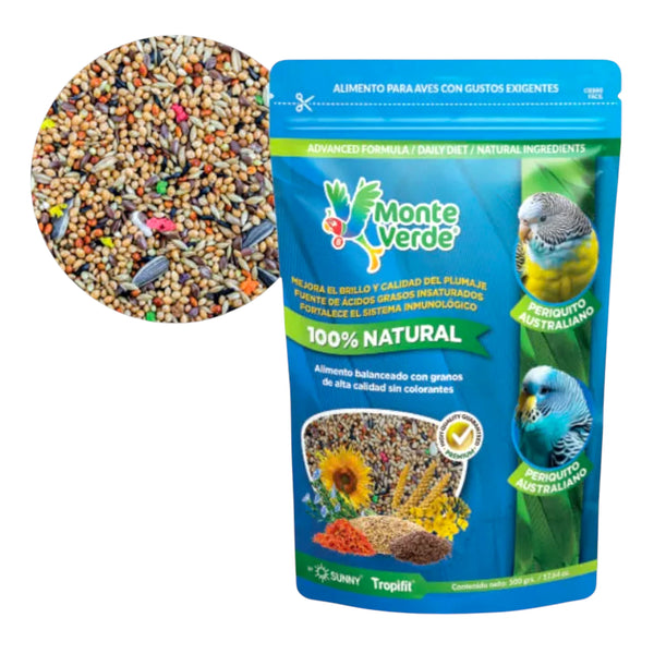 Mezcla de semillas naturales del alimento Monteverde para periquitos australianos, con mijo, alpiste, linaza y girasol.