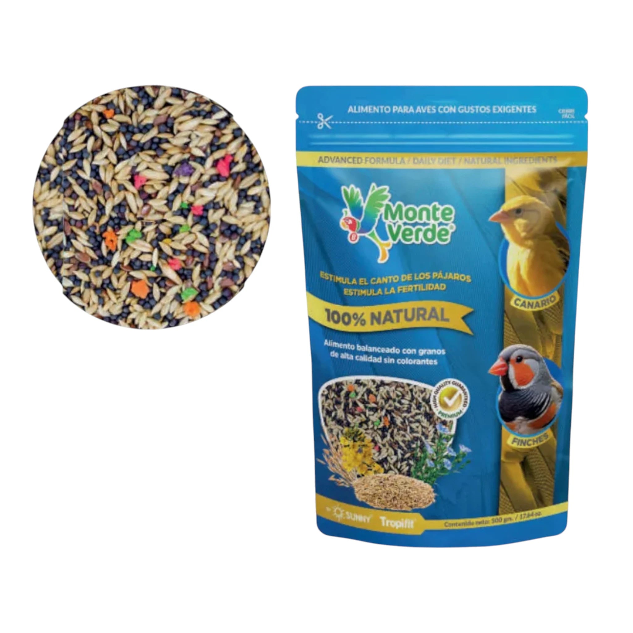 Bolsa de alimento Monteverde para canarios y finches con mezcla natural de semillas y granos nutritivos.