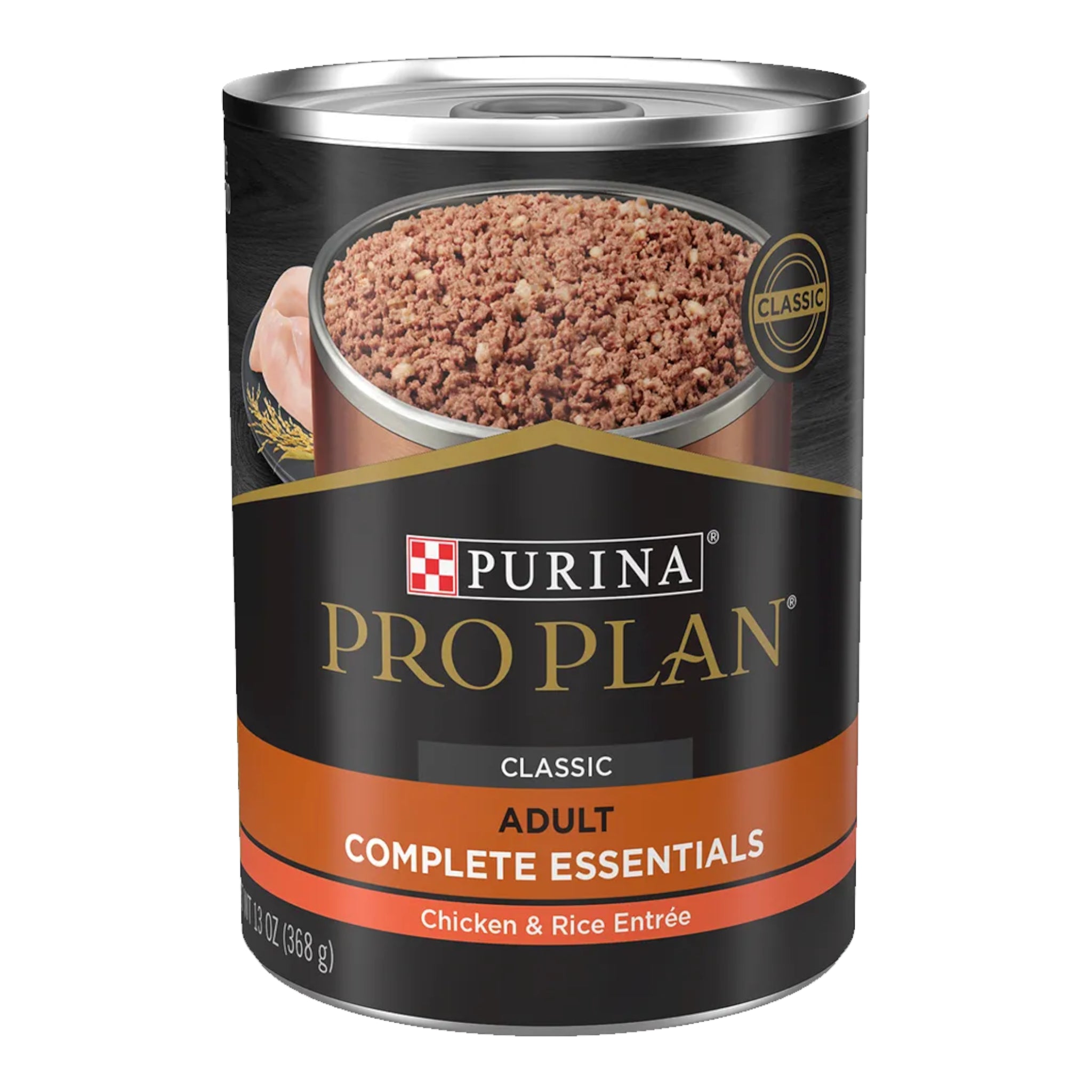 Lata de alimento húmedo Pro Plan para perros adultos sabor pollo y arroz, nutrición completa y balanceada para la salud diaria del perro.