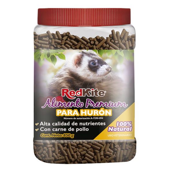 Bote de 850g de alimento premium para hurón marca RedKite, con fórmula rica en carne de pollo, vitaminas y minerales esenciales.