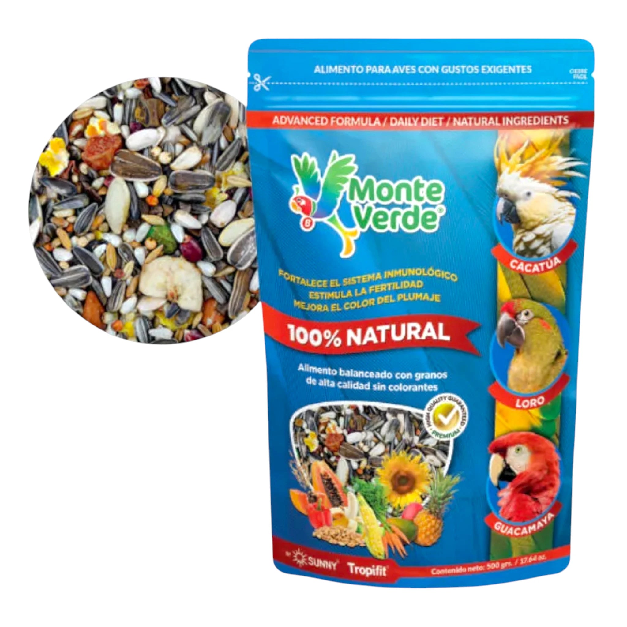 Bolsa de alimento Monteverde 500g para loros, cacatúas y guacamayas con mezcla de semillas, frutas y vegetales naturales.