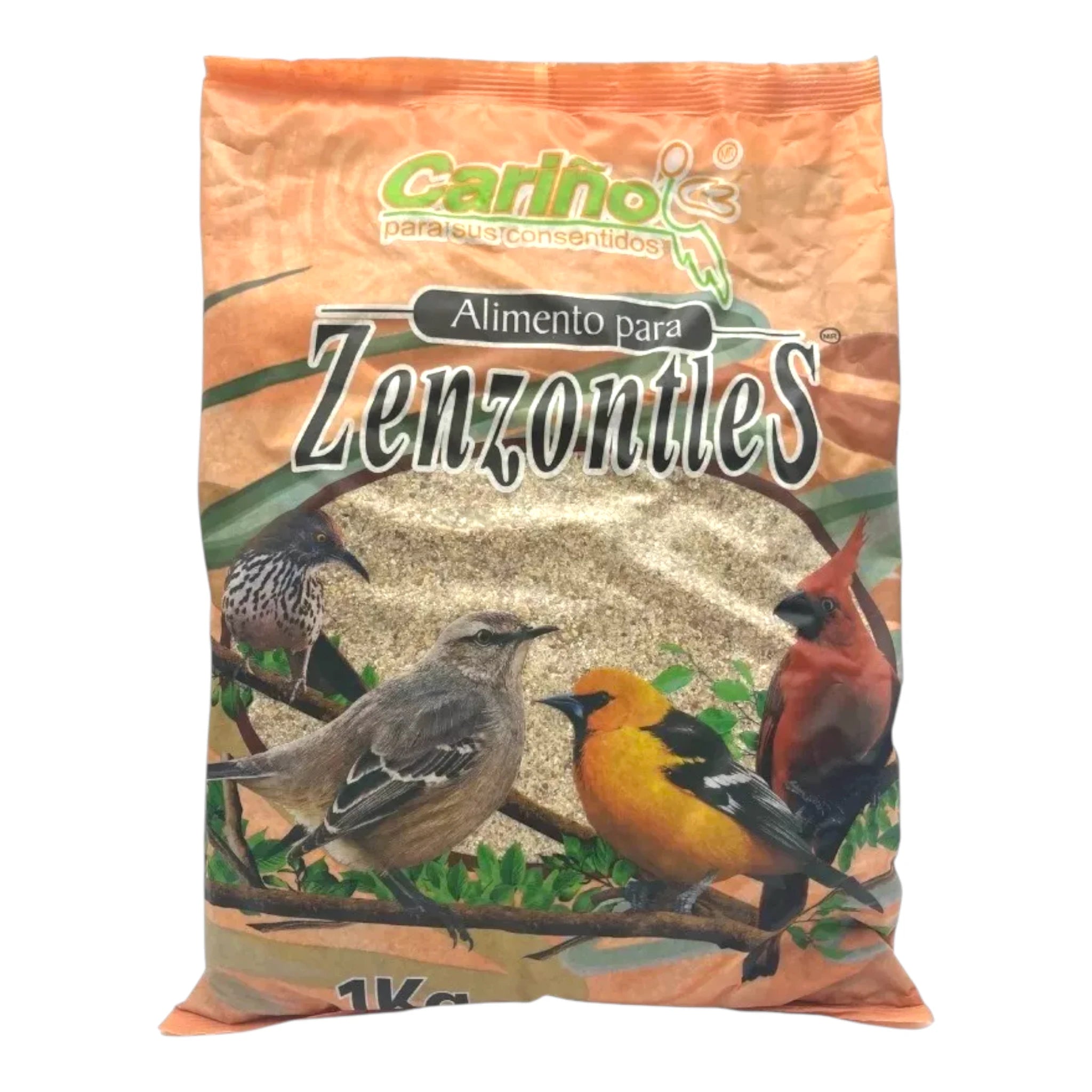 Bolsa de alimento para zenzontles de 1kg marca Cariño, con mezcla de granos y diseño con aves canoras en el empaque.