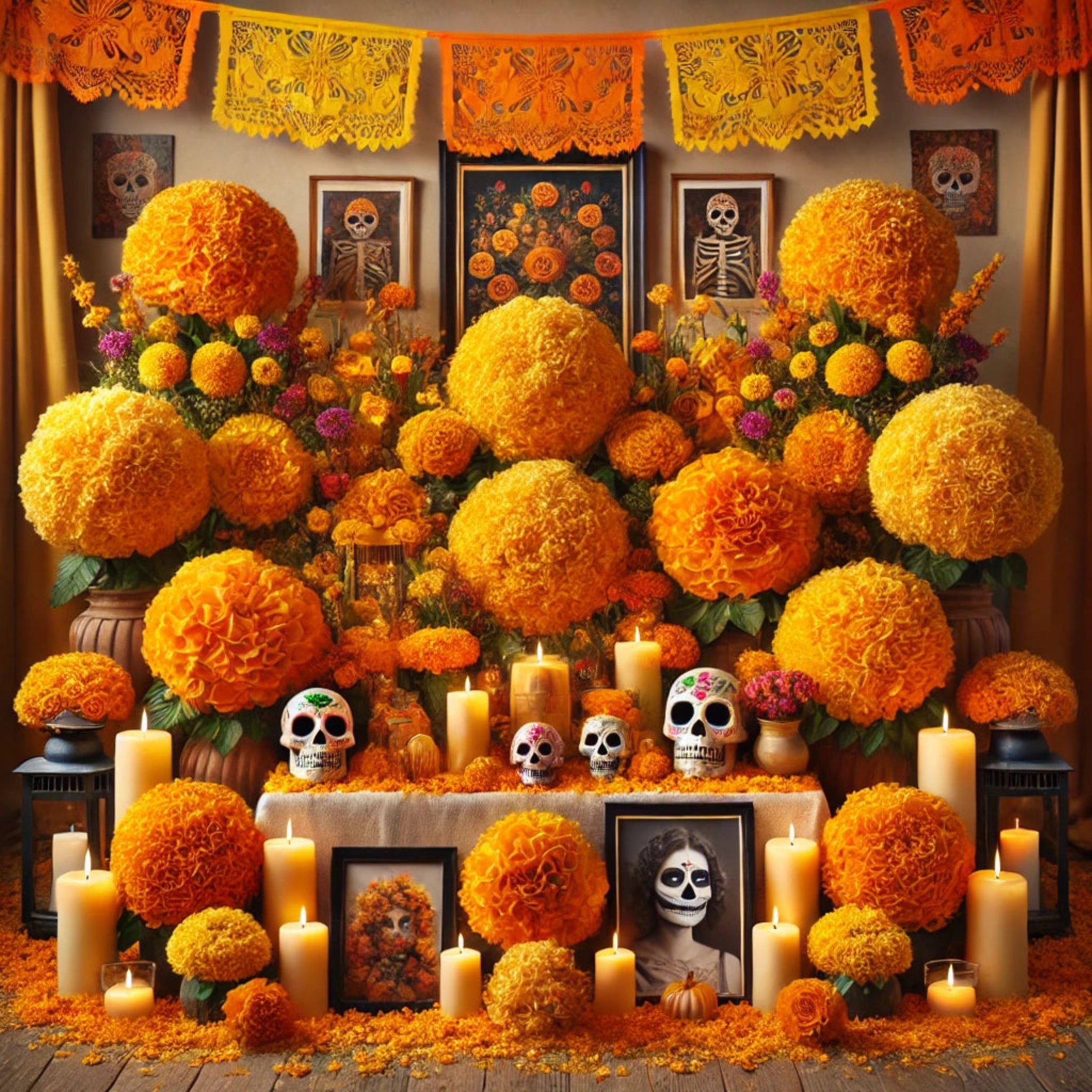 Imagen de un altar tradicional de Día de Muertos adornado con flores de cempasúchil doble en tonos naranja y amarillo