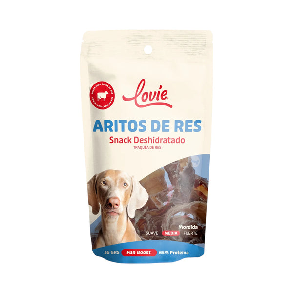 Bolsa de Aritos de Res Lovie, snack deshidratado natural para perros.