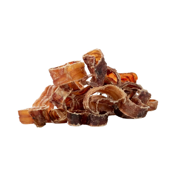 Aritos de tráquea de res deshidratados, snack masticable y nutritivo para perros.