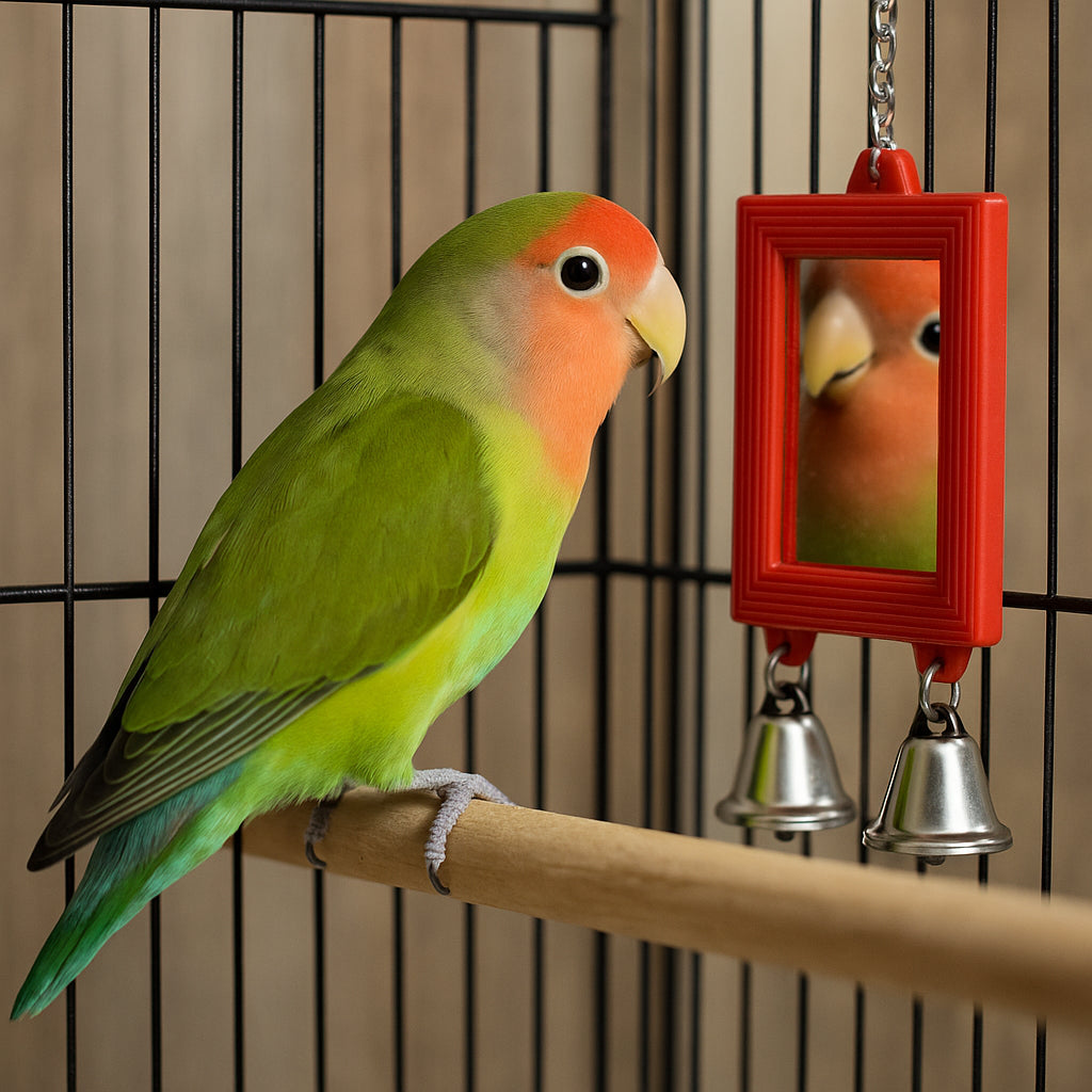ave viendose en el espejo mientras reposa en su jaula