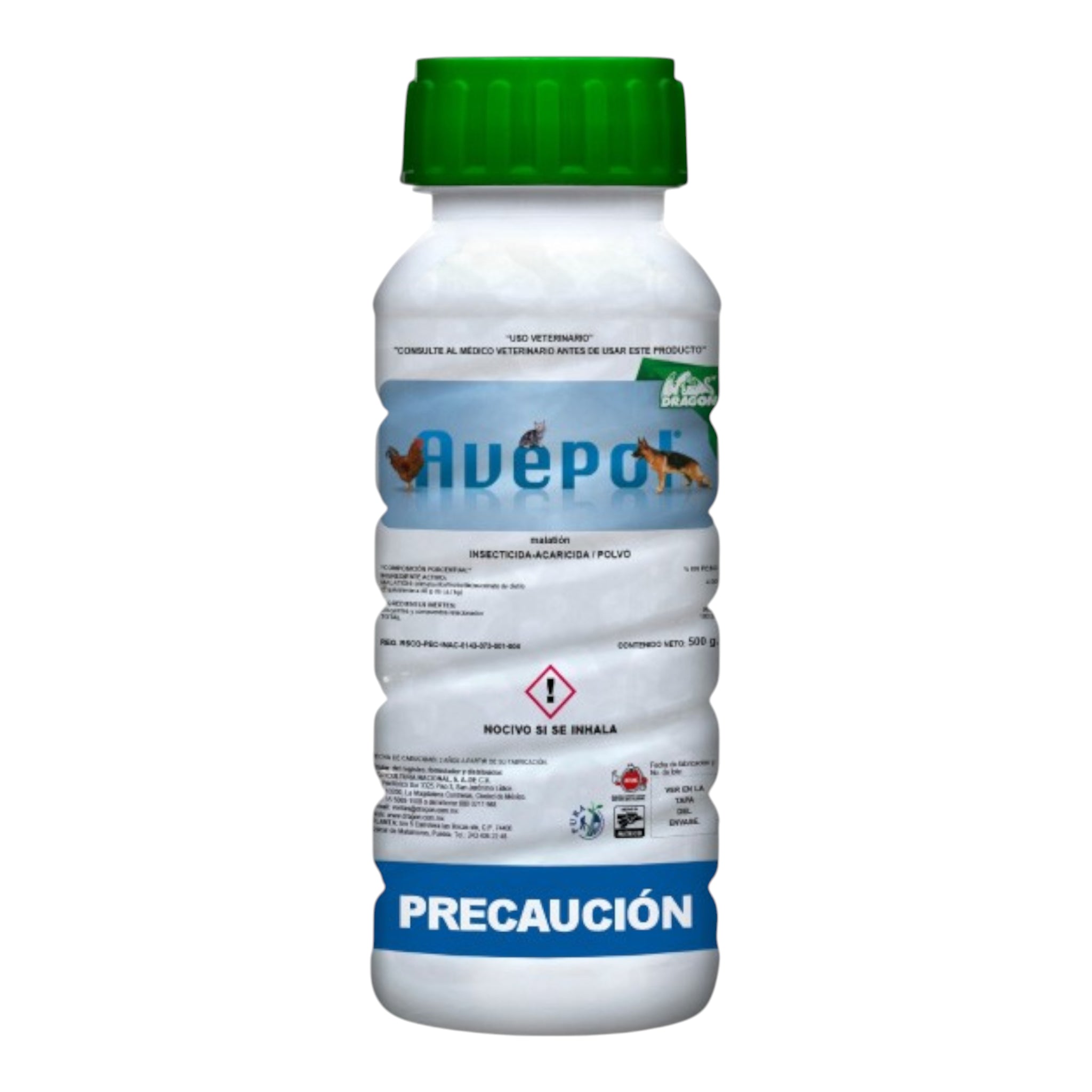 Envase de Avepol 500 g, insecticida en polvo para eliminar pulgas, piojos, ácaros y corucos en perros y aves.