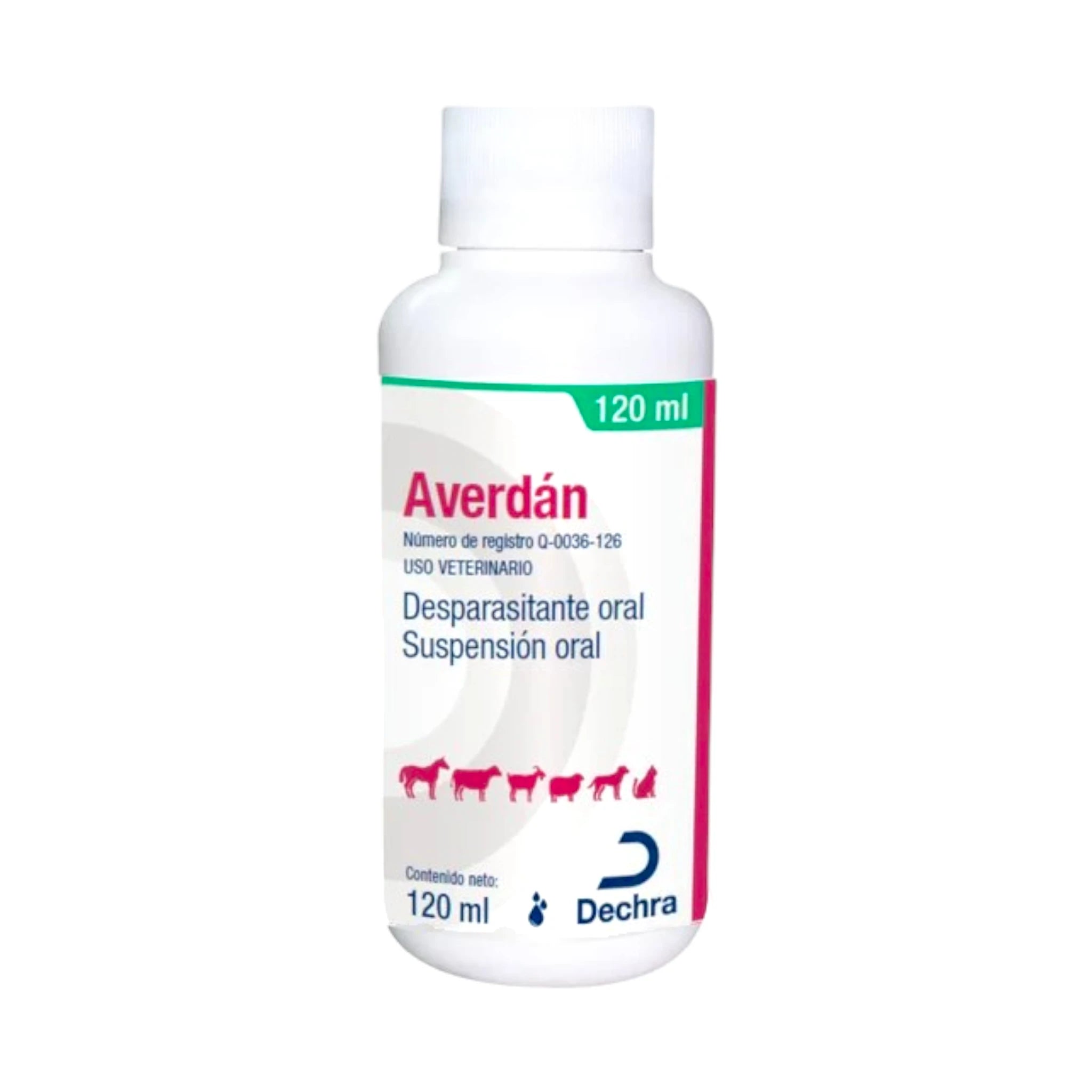 Botella de Averdán Desparasitante Oral para uso veterinario, elimina parásitos gastrointestinales y pulmonares en perros, gatos, ganado y caballos.