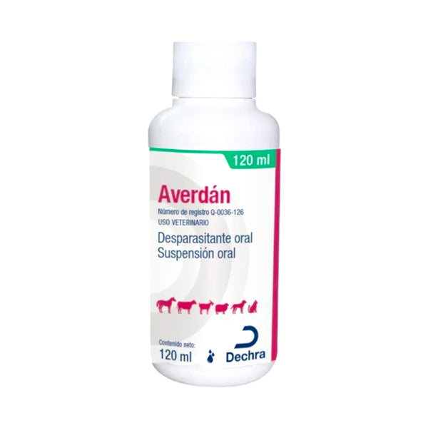 Botella de Averdán Desparasitante Oral para uso veterinario, elimina parásitos gastrointestinales y pulmonares en perros, gatos, ganado y caballos.