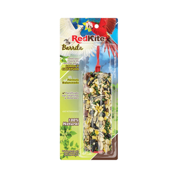 Barrita nutritiva RedKite con mezcla de semillas, ideal para loros y cacatúas, fortificada con vitaminas y minerales.