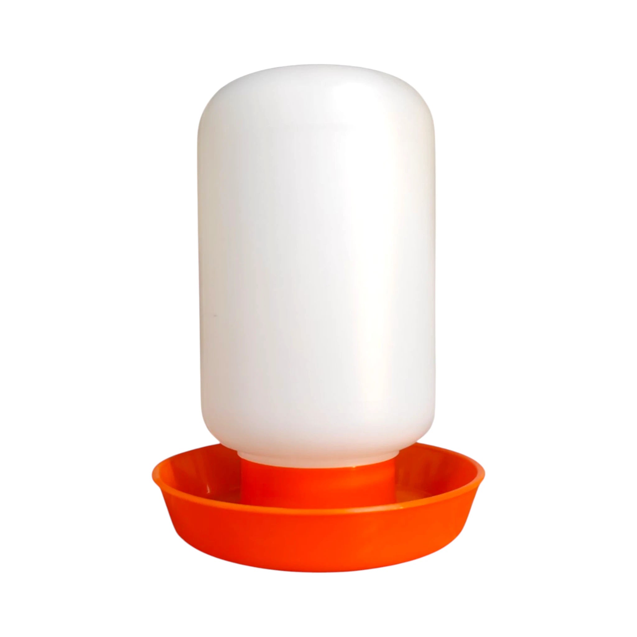 Bebedero de plástico para pollos y aves de corral de 1 litro, montaje de piso, color blanco con base naranja.