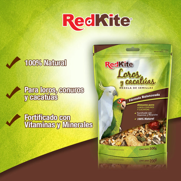 Mezcla de semillas RedKite para loros y cacatúas con beneficios destacados: 100% natural y fortificada con vitaminas y minerales.