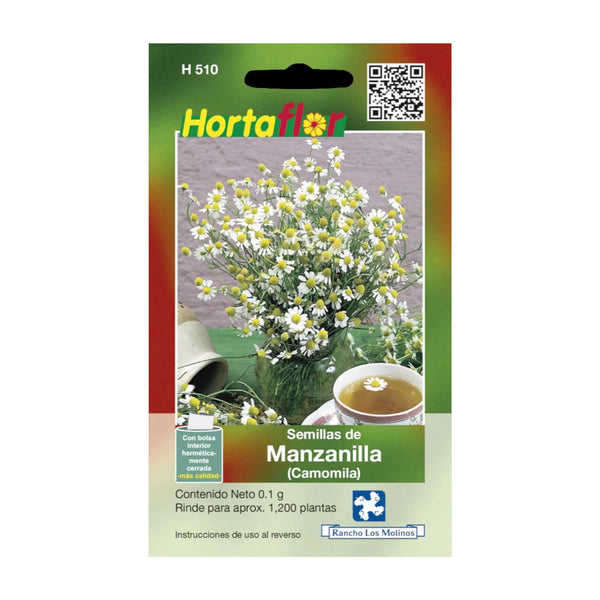 Fotografía de una bolsa de semillas de manzanilla, perfecta para cultivar flores medicinales en maceta, jardín o huerto casero.