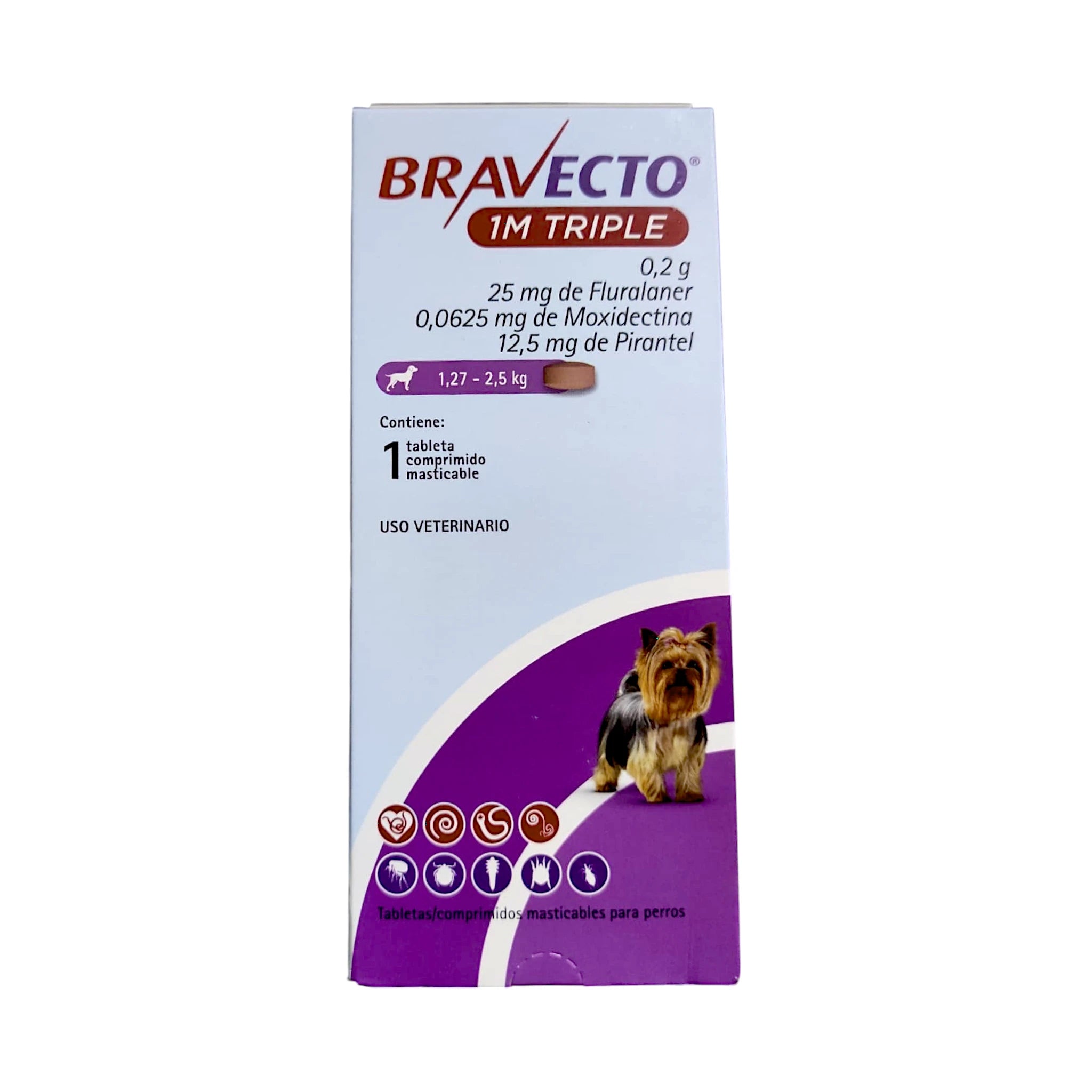Caja de Bravecto 1M Triple para perros pequeños de 1.27 a 2.5 kg. Tableta masticable antiparasitaria para pulgas, garrapatas, sarna y parásitos internos.